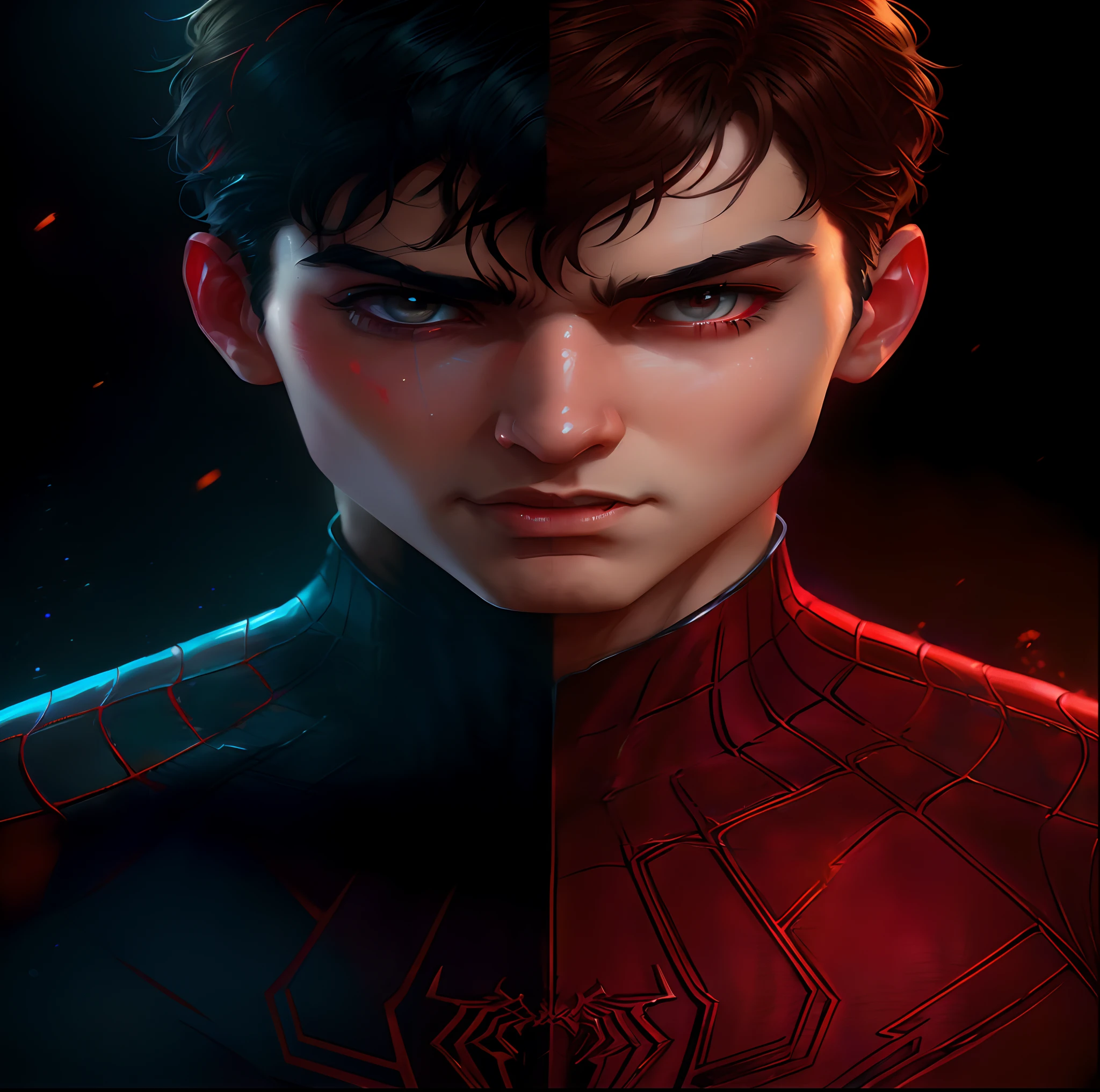 spider - man in a suit with a red light coming from his eyes, peter parker, highly detailed exquisite fanart, portrait of spiderman, artgerm and atey ghailan, spider - verse art style, fan art, ross tran and bayard wu, by ruan jia and stanley artgerm, by Oliver Sin, :: rossdraws, peter parker as spiderman