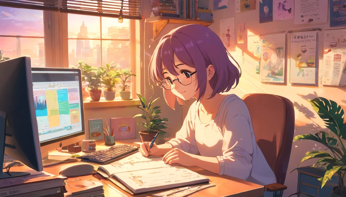 A girl working on a PC,lofi atmosphere,calm and relaxed environment,cozy room with warm lighting,vintage style illustration,soft and muted colors,cute anime-like character,retro computer monitor and keyboard,over-ear headphones,coffee mug,bob haircut and round glasses,smiling face with rosy cheeks,keyboard with colorful keycaps,decorative plants on the desk,fairy lights in the background,artistic posters on the wall,soft sunlight streaming through the window,peaceful and quiet surroundings,inspiring and creative atmosphere,retro aesthetic vibes,relaxing music playing in the background,comfortable chair and ergonomic setup,desk covered with artistic notebooks and stationery,stylish and unique desktop wallpaper,bookshelf filled with books and vinyl records,creative workspace with a personal touch,neat and organized desk,inspirational quotes on the wall,calming scent of lavender candle,bright and cheery personality,positive and focused mindset,joyful and content expression,beautiful detailed eyes and lips,happy and productive mood,motivated to complete tasks,attention to detail in every stroke,imagination and creativity in her work,artistic atmosphere that inspires others.