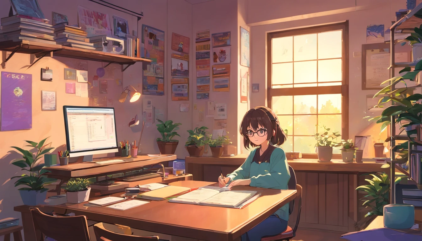 A girl working on a PC,lofi atmosphere,calm and relaxed environment,cozy room with warm lighting,vintage style illustration,soft and muted colors,cute anime-like character,retro computer monitor and keyboard,over-ear headphones,coffee mug,bob haircut and round glasses,smiling face with rosy cheeks,keyboard with colorful keycaps,decorative plants on the desk,fairy lights in the background,artistic posters on the wall,soft sunlight streaming through the window,peaceful and quiet surroundings,inspiring and creative atmosphere,retro aesthetic vibes,relaxing music playing in the background,comfortable chair and ergonomic setup,desk covered with artistic notebooks and stationery,stylish and unique desktop wallpaper,bookshelf filled with books and vinyl records,creative workspace with a personal touch,neat and organized desk,inspirational quotes on the wall,calming scent of lavender candle,bright and cheery personality,positive and focused mindset,joyful and content expression,beautiful detailed eyes and lips,happy and productive mood,motivated to complete tasks,attention to detail in every stroke,imagination and creativity in her work,artistic atmosphere that inspires others.