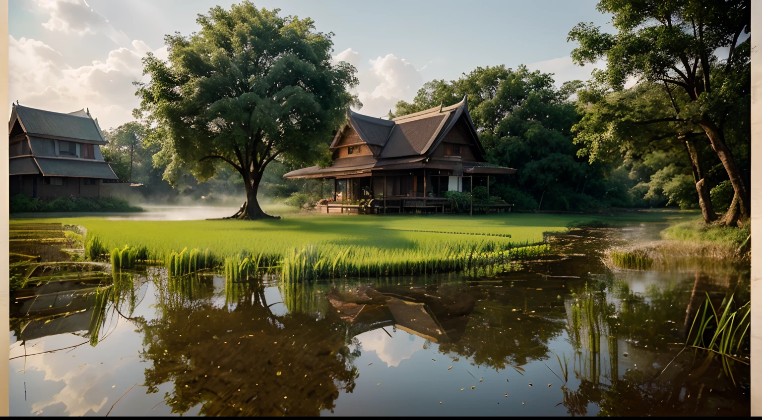 master-piece, beste-Qualit, 8k UHD, DSLR, grain of film, Fujifilm XT3, photorealistic painting art by midjourney and greg rutkowski, (house,Thai Style,Lanna), (environment,rice field,farmer,trees)