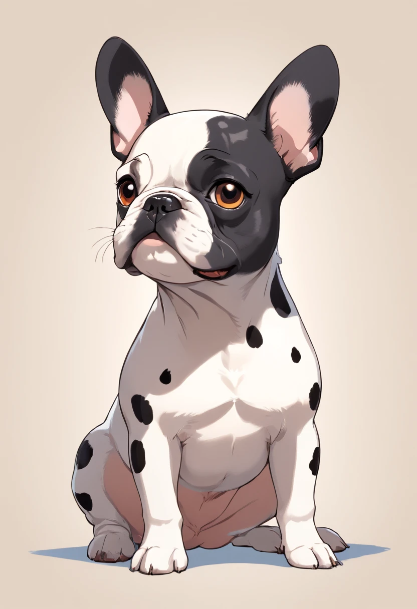 Full body French Bulldog, white with black spots on the body, white head with black muzzle, black spot on the right eye and ear, black spot on the left eye, Very small and crooked tail, brown eye color