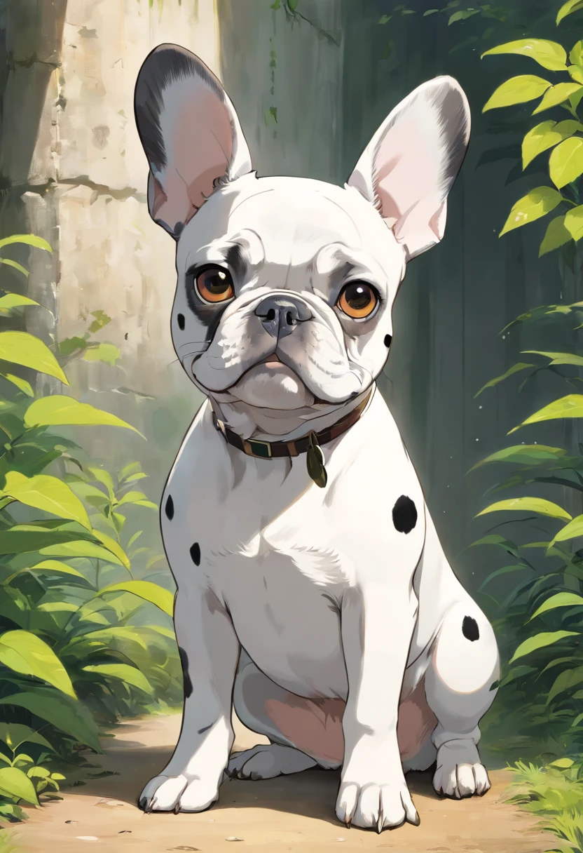 Full body French Bulldog, white with black spots on the body, white head with black muzzle, black spot on the right eye and ear, black spot on the left eye, Very small and crooked tail, brown eye color