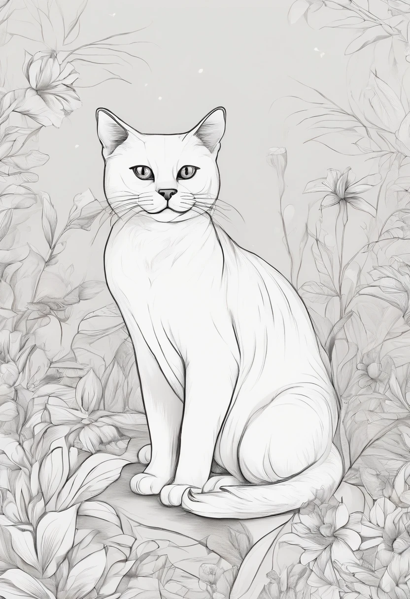 obra-prima, superlativo, gato feliz,, solo, fundo de desenho de linha de flor, fundo branco, monocromatic, desenho de linha, ((sketchfab)), para livro de pintar infantil