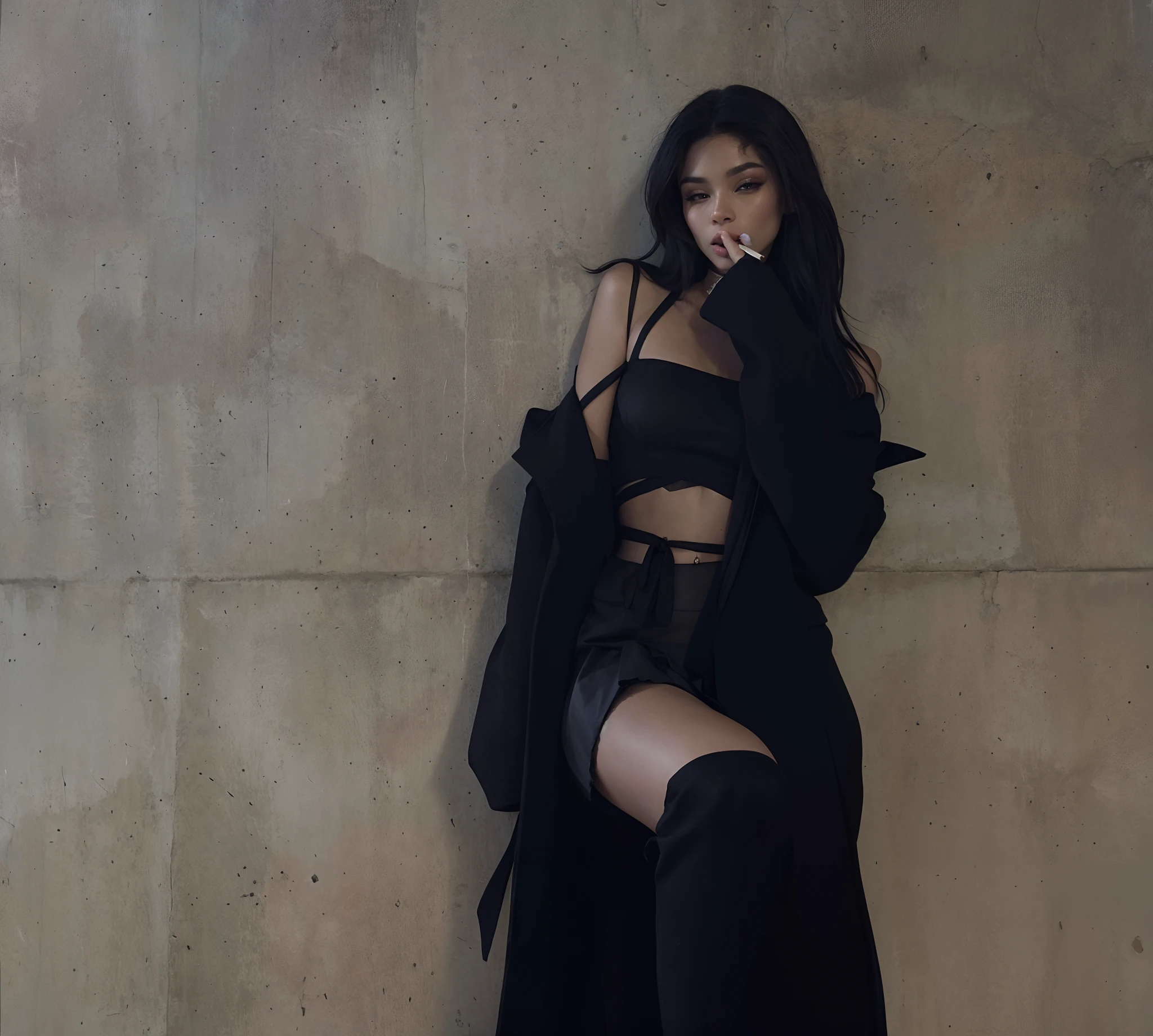 a woman in black outfit leaning against a wall with a cigarette, sexy look, solo photoshoot, black outfit, wrapped in black, revealing outfit, photoshoot, her wardrobe is attractive, very sexy outfit, 8K, Top Quality, Intricate Details, Ultra Detail, Ultra High Resolution, Cinematic, Photorealistic, Perfect, Perfect skin, Perfect face, Perfect body, Masterpiece, Art, Beauty, black eyes looking at the camera