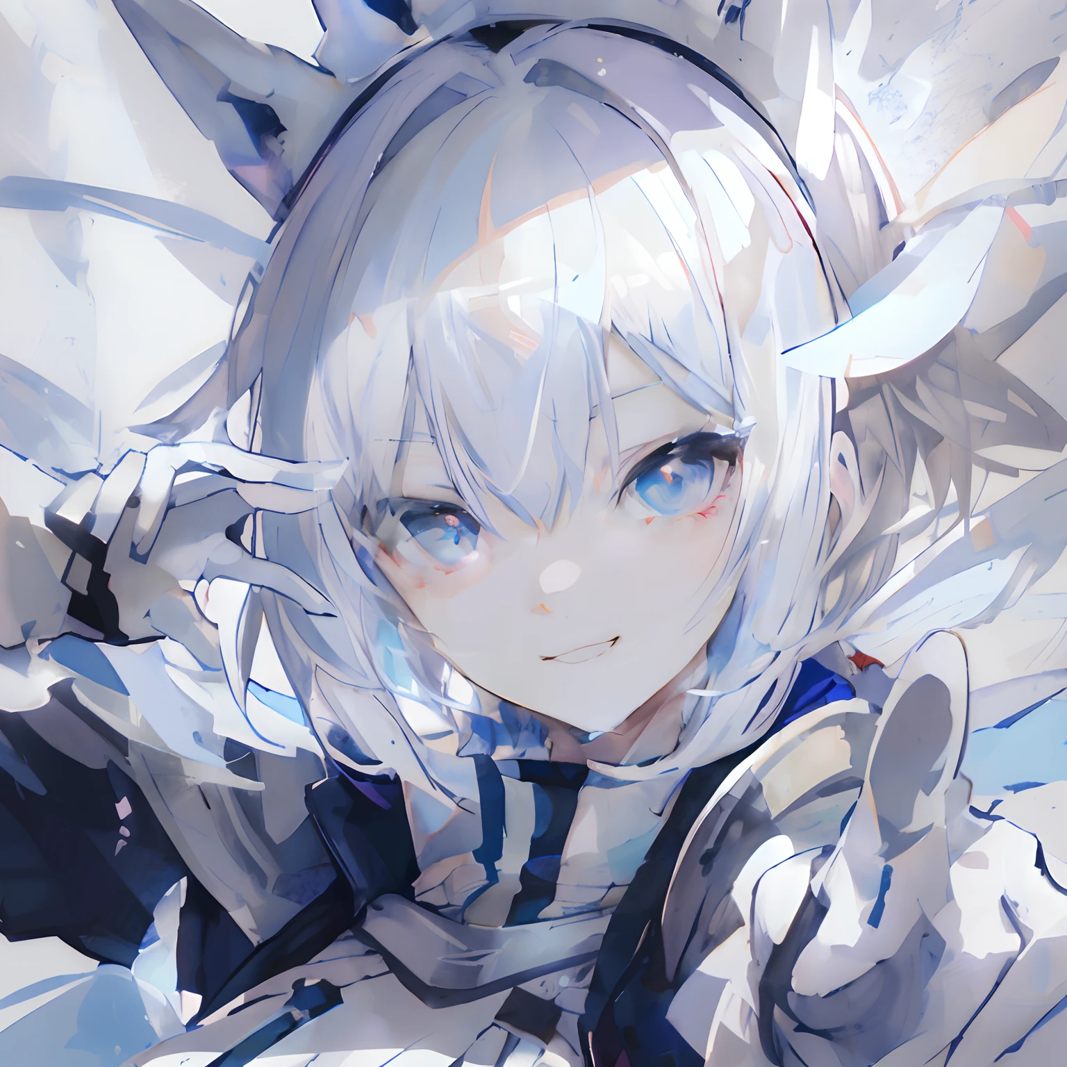 Anime girl with white hair and blue eyes holding a gun, best anime 4k konachan wallpaper, from arknights, Detailed Digital Anime Art, detailed anime art, anime art wallpaper 4k, anime art wallpaper 4k, Trending on ArtStation pixiv, guweiz on pixiv artstation, clean detailed anime art, arknights, Detailed anime artwork　A smile　star-shaped pupils