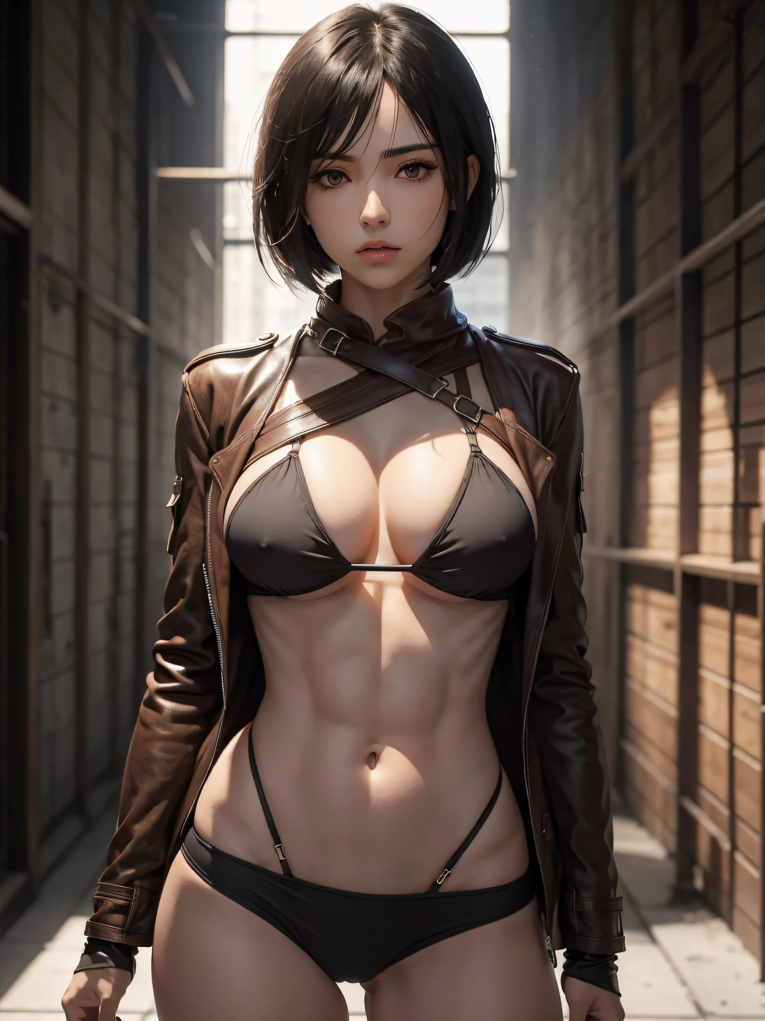 Mikasa_Ackerman,pessoa solo,por si mesmo,Roupas fora dos ombros,musclina,clivagem,umbigo,cintura aberta,Abs,Linha Colete,Traje fora do ombro,big tits, bikini, sexy, naked, lon hair, masterpiece, 8k, 4k