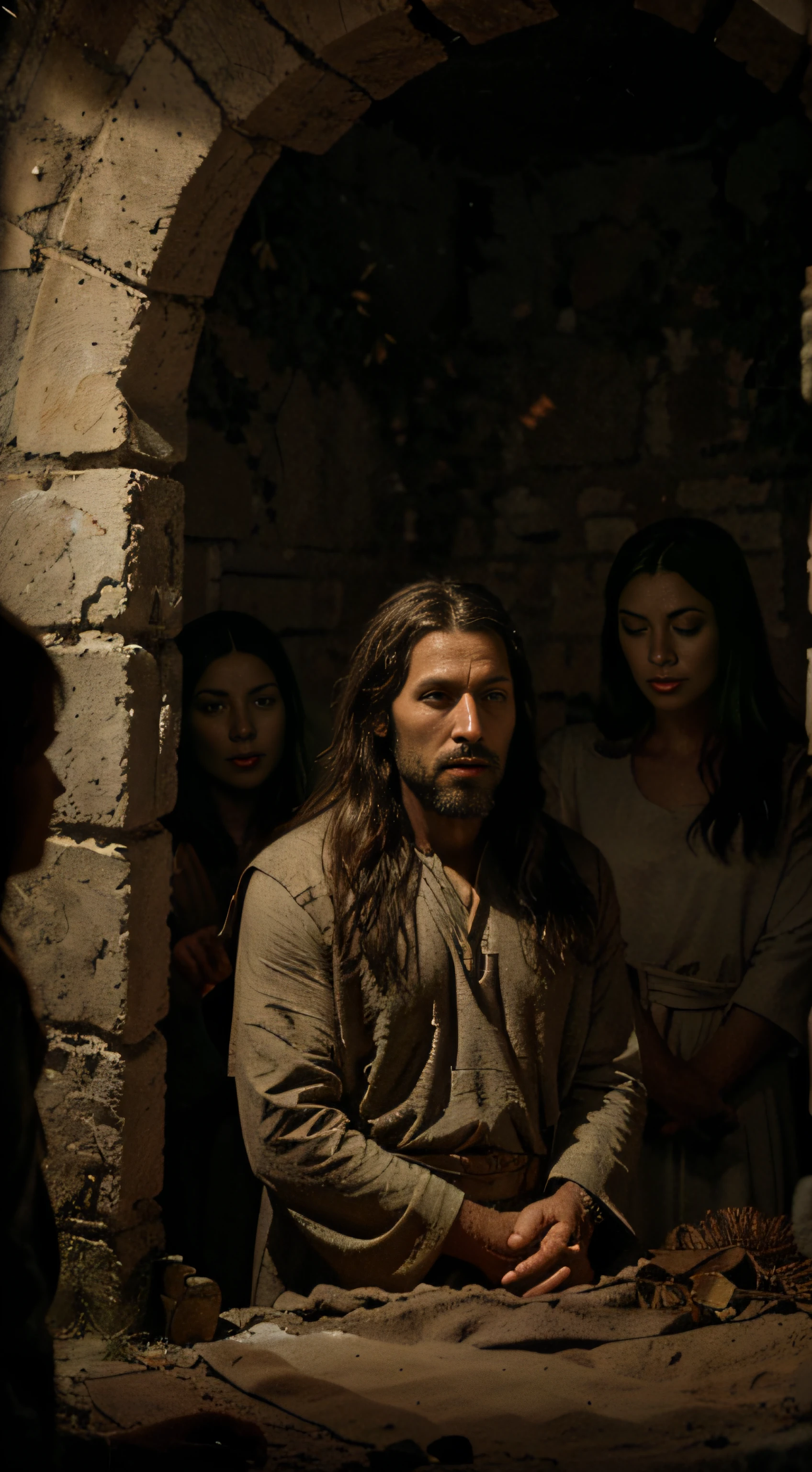 Jesus Christ: Depict Him as compassionate, solemn, and powerful, wearing traditional attire from the time.
Lazarus: Show Lazarus emerging from the tomb, wrapped in burial cloths but with an expression of astonishment and gratitude.
Disciples and Bystanders: Include a group of onlookers, some amazed and others in disbelief.Place the scene in a rocky, cave-like tomb, symbolizing the grave.
Use soft, divine lighting to illuminate Jesus and Lazarus, creating a heavenly atmosphere.
Add elements of the Judean landscape to provide context.Convey a range of emotions, from the astonishment and gratitude on Lazarus's face to the awe and wonder on the faces of the witnesses.
Reflect Jesus's divine love, compassion, and authority in His facial expression and body language.Pay close attention to details in the clothing, facial features, and background to ensure historical and biblical accuracy.
Add symbolism such as light, the presence of angels, or other elements to emphasize the divine nature of the miracle.Use a color palette that evokes the sacred and spiritual, with rich earth tones and ethereal highlights.Create a balanced composition with a focal point on Jesus and Lazarus.
Use composition techniques to draw the viewer's eye towards the miraculous moment.Evoke a sense of reverence, awe, and hope through the overall mood of the image.