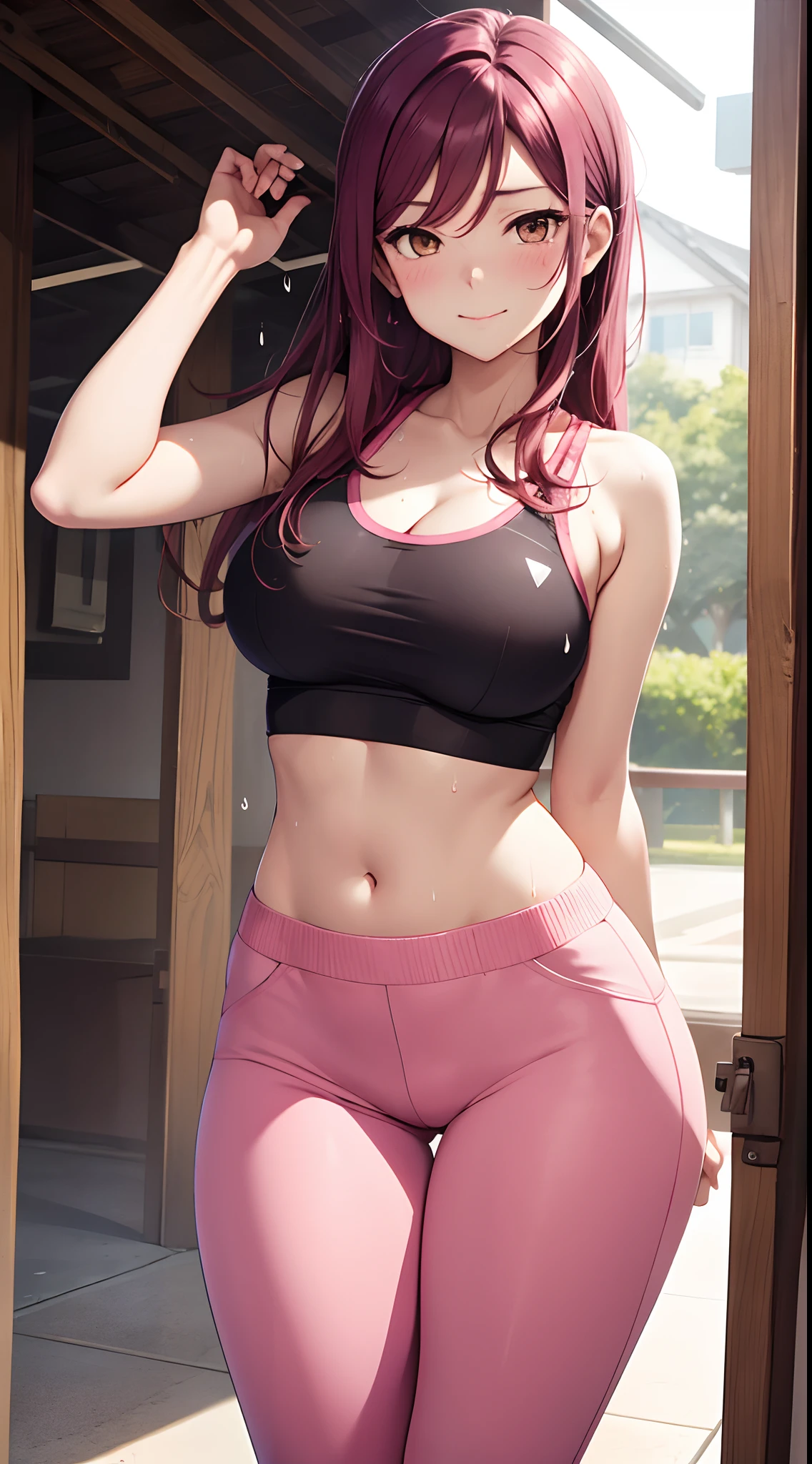 Sakurauchi riko, pink skinny sweet pants, tight gym bra, sweating,sweat drops , slightly smile, (cleavage:0.7),unstyled hair,wet hair,yellow eyes,thicc legs, standing, arms behind back