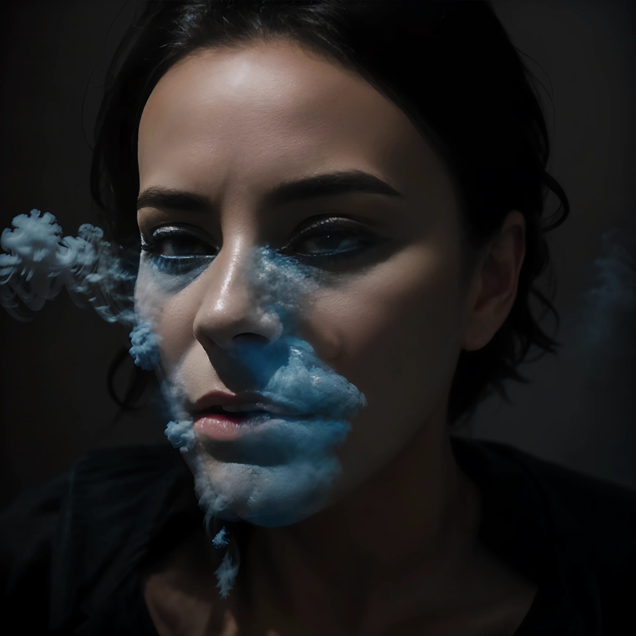 a woman made of blue smoke. Ultra Photorealistic, Cinematic Lighting.