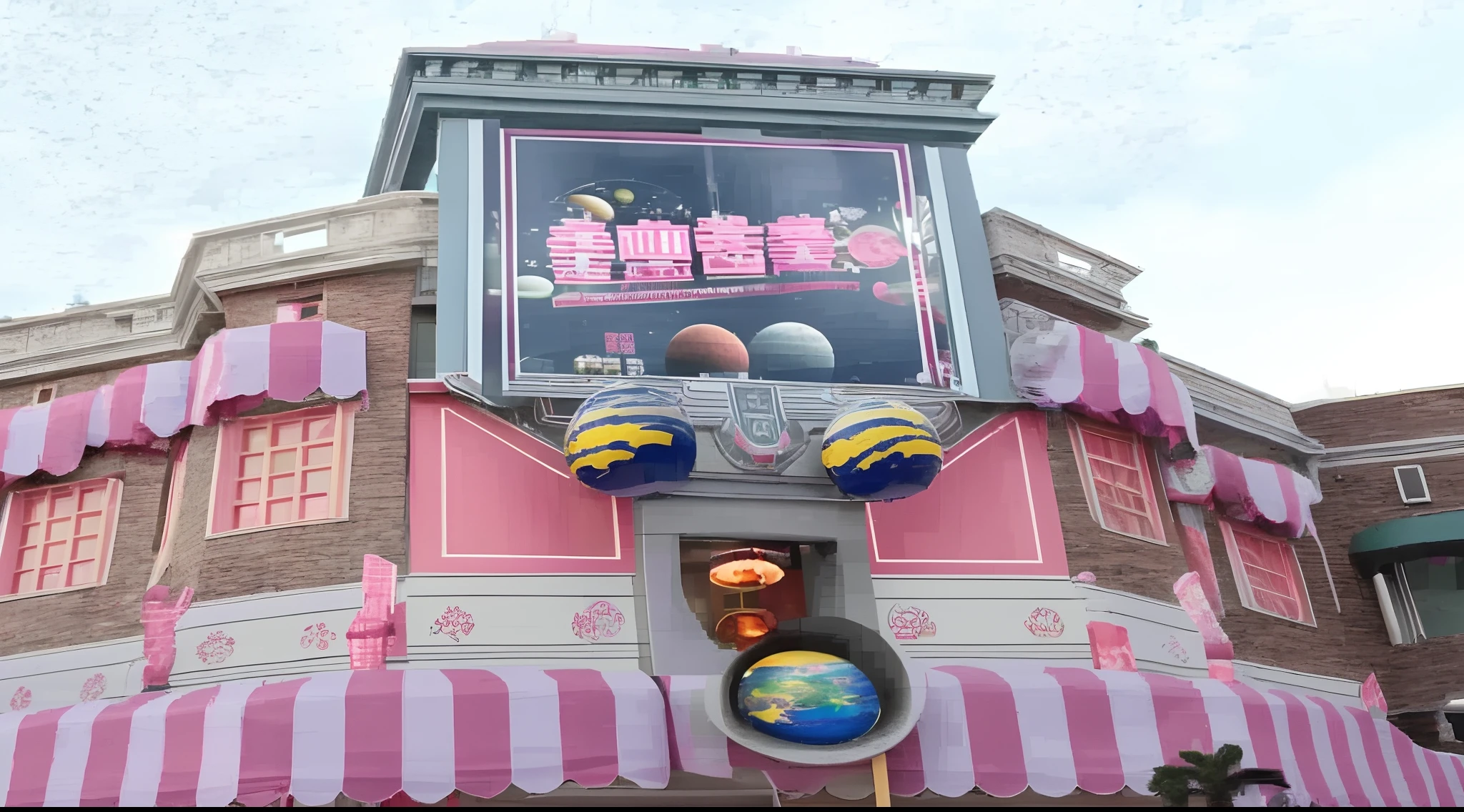 Located on the corner，Huge tall building gacha machine，Inlaid in buildings，People look up，There are various planets in the gacha machine，The stereoscopic effect is displayed through 3D technology