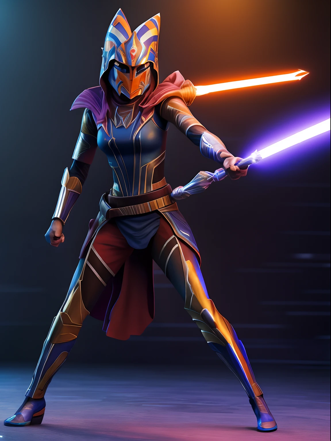 (masterpiece) Fast-paced action scene of Ahsoka Tano in the style shine rhinestone crystals, photorealistic scenes, detailed comic book arts, epic, rtx on, daz3d, animated illustrations, digital art techniques, intense full body, within a vibrant hologram.
