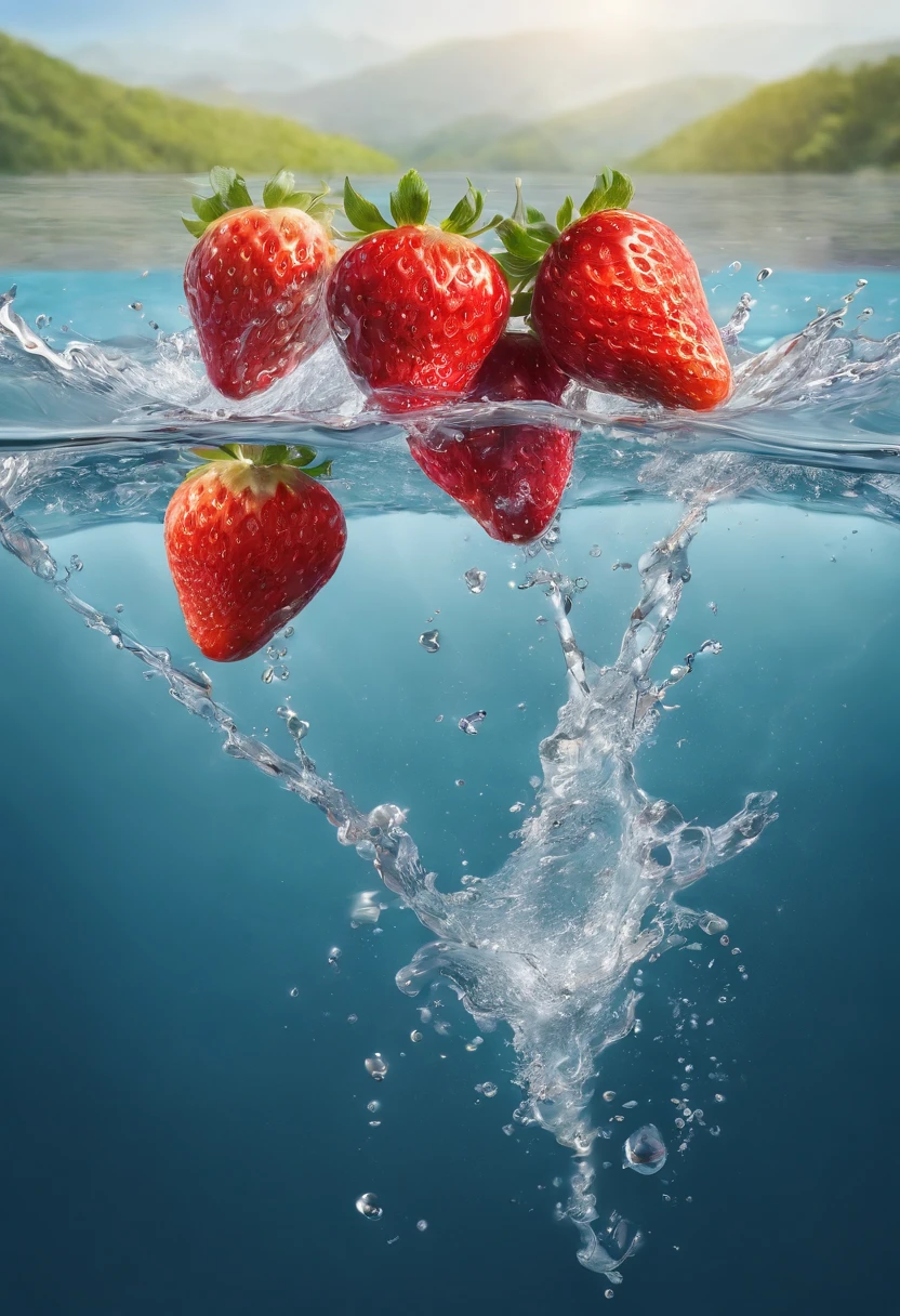 cinematic RAW photo,foto ultra real,Ultra foto realsisim,Digital SLR,soft lighting,Product photo of 5 strawberries falling into the water、Drippy、Splash clear liquid、water bloom,dynamic compositions,(master part) (best quality) (circunstanciado) (Cinematic lighting) (foco nítido) (intrincado), master part, best quality, ultrahigh-resolution, 8K UHD