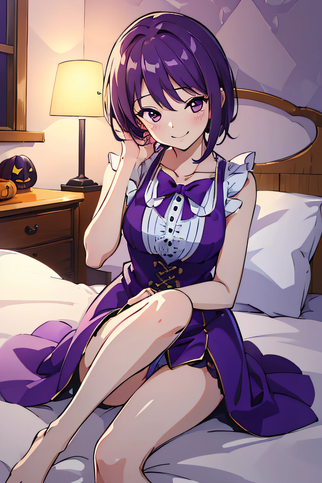 ((tmasterpiece,4k wallpaper,best qualtiy))、((girl with1a person))、(独奏)、Brilliant,(Purple hair)、short-cut、25-years old、Halloween、a bed、sleep、a smile、One