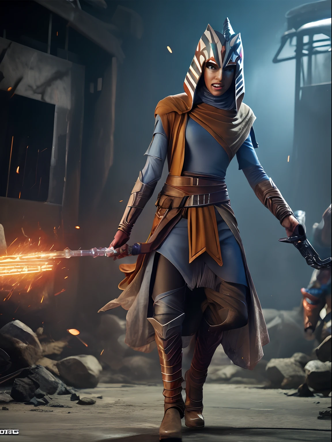 (masterpiece) Fast-paced action scene of Ahsoka Tano in the style shine rhinestone crystals, photorealistic scenes, detailed comic book arts, epic, rtx on, daz3d, animated illustrations, digital art techniques, intense full body, within a vibrant hologram.