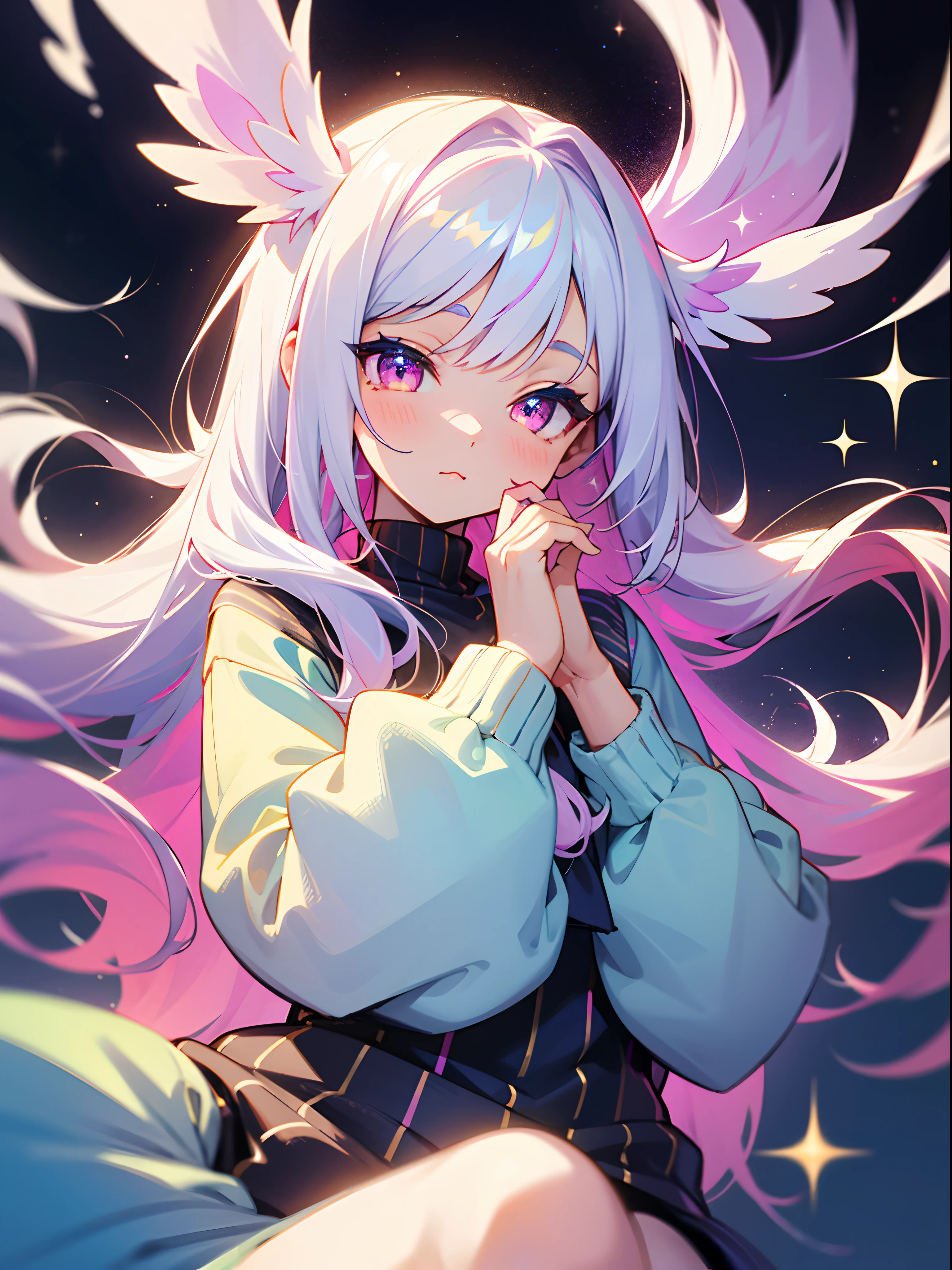 digital art, very soft and cute style, an anime girl, pretty face, pretty hair, (very glittery), white hair, shining eyes, looks charming and very confident, luring, wearing casual sweaters, (very glitter), (colorful), cute accessories, (very glitter), quite sexy, leaning, omit ugly hands, body shot, high school background, very soft and cozy atmospheres