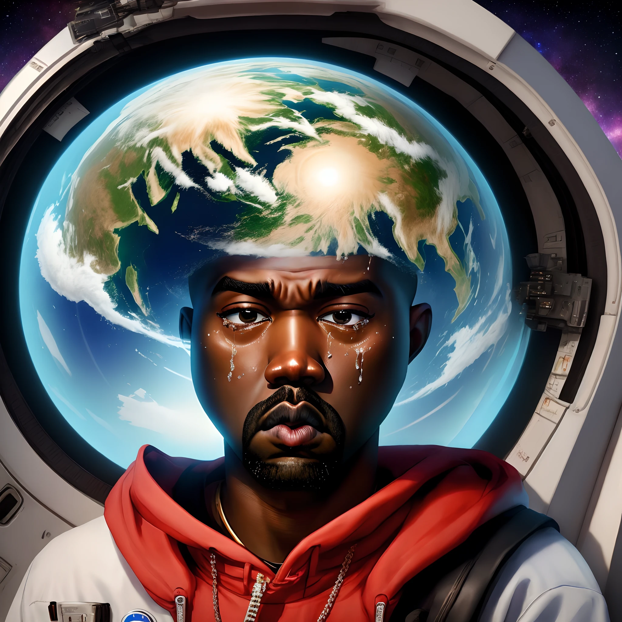 Kanye West not looking happy at all looking at the Earth in a space ship with tears pouring out