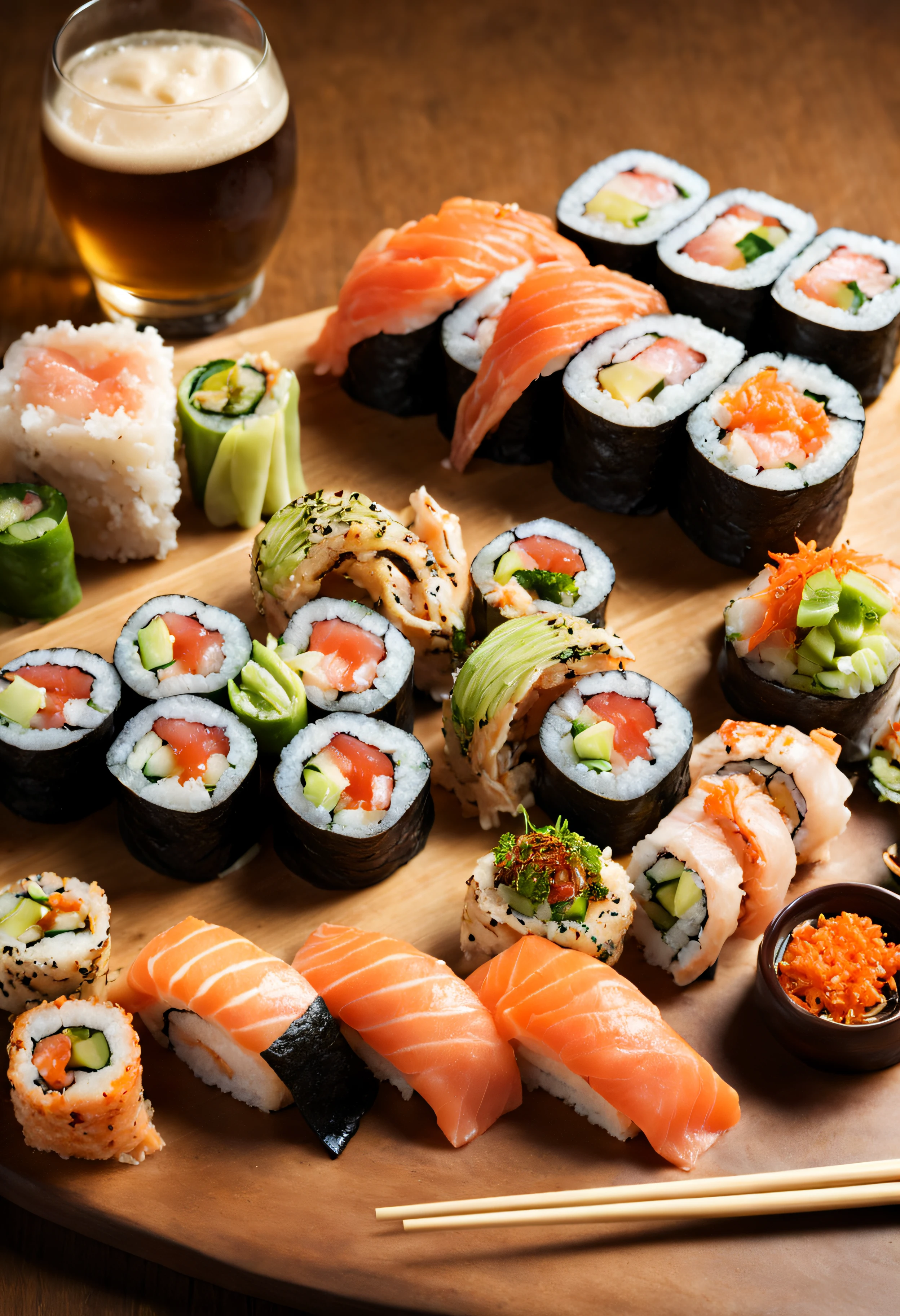 A 24 years old blonde woman eating sushis, with a close-up on the perfect lines of her middle sized breasts and her thicc thighs, the luxury of the surrounding setting enhancing her allure.