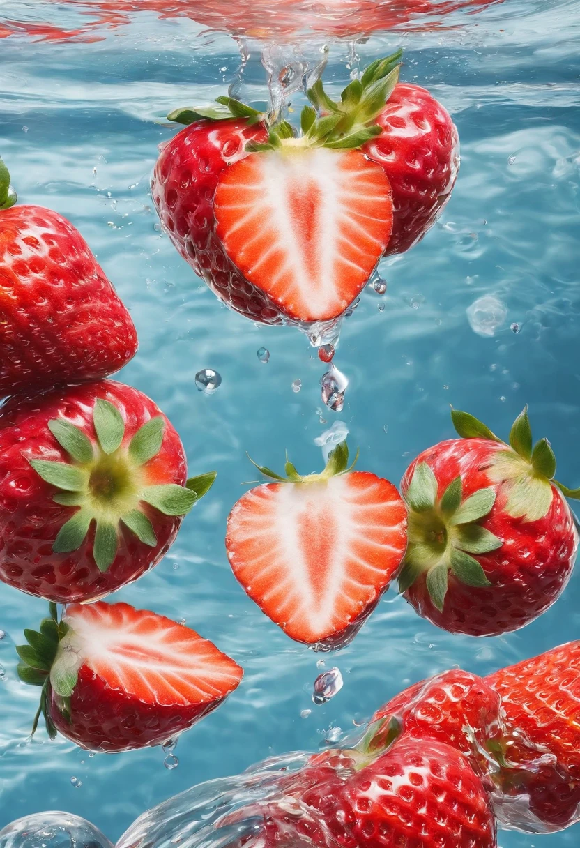 cinematic RAW photo,foto ultra real,Ultra foto realsisim,Digital SLR,soft lighting,Product photo of 5 strawberries falling into the water、Drippy、Splash clear liquid、water bloom,dynamic compositions,(master part) (best quality) (circunstanciado) (Cinematic lighting) (foco nítido) (intrincado), master part, best quality, ultrahigh-resolution, 8K UHD