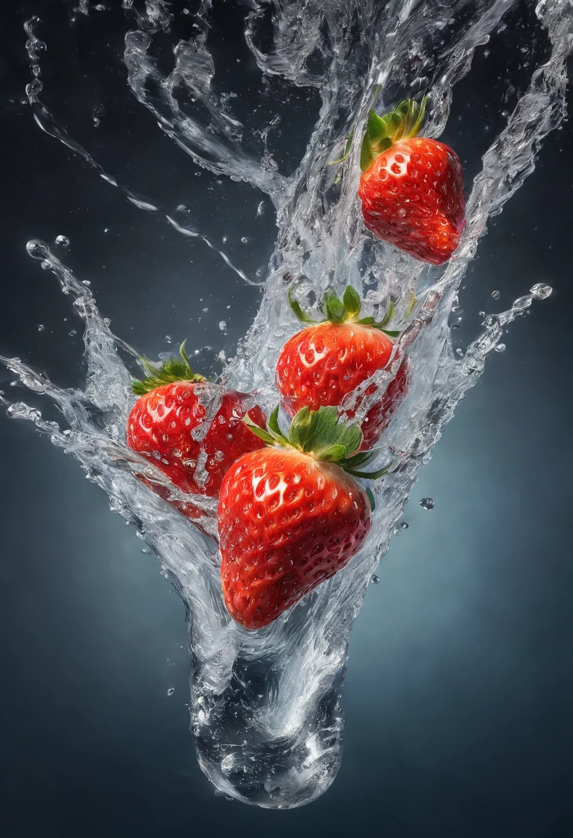 cinematic RAW photo，foto ultra real，Ultra foto realsisim，Digital SLR，soft lighting，Product photo of 5 strawberries falling into the water、Drippy、Splash clear liquid、water bloom，dynamic compositions，(master part) (best quality) (circunstanciado) (Cinematic lighting) (foco nítido) (intrincado), master part, best quality, ultrahigh-resolution, 8K UHD