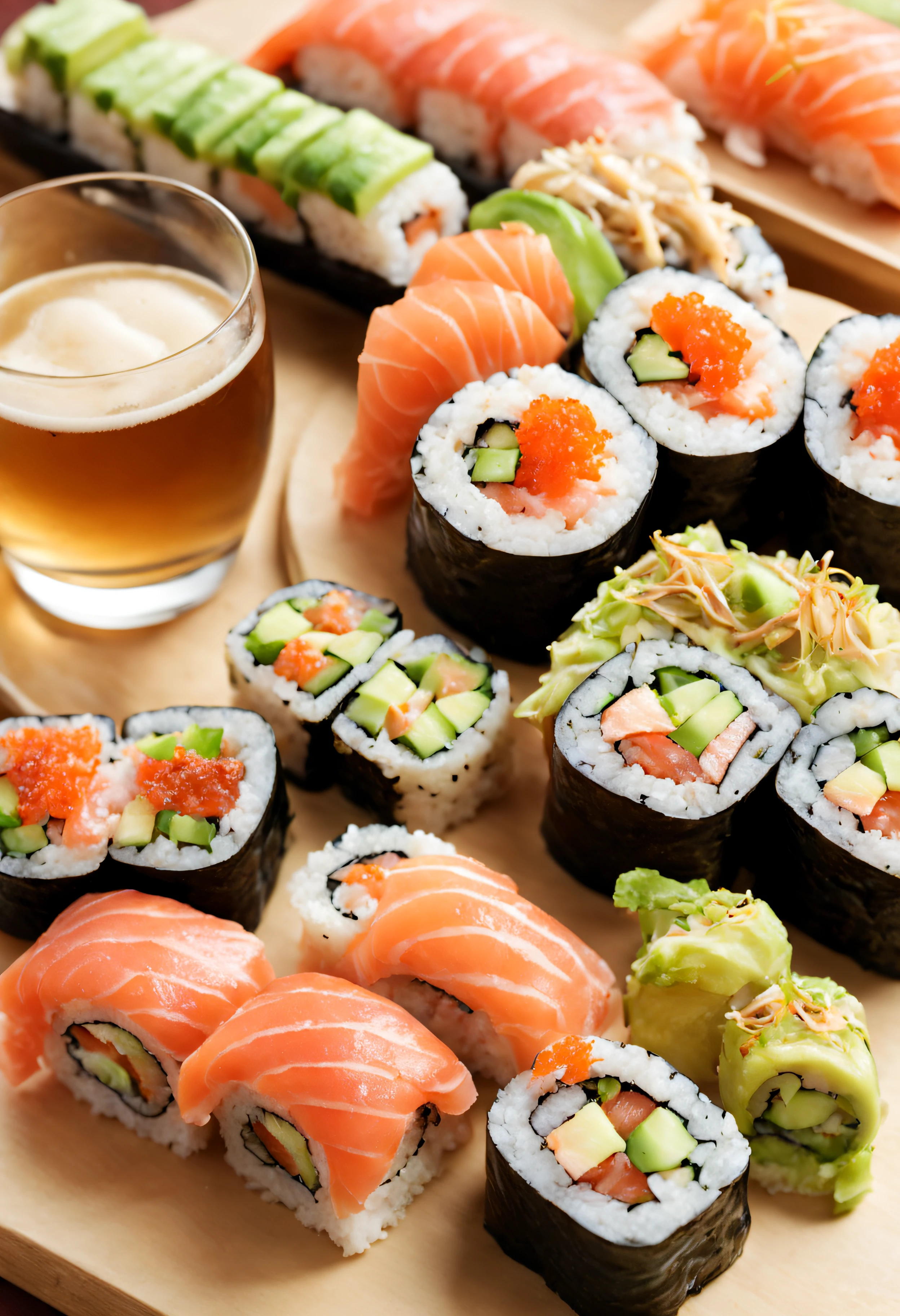 A magazine photograph of an incredible assortment of sliced sushi rolls made by Chef Gordan Ramsey, with smoked salmon & tuna & eel & roe & avocado & octopus & wasabi arranged in the Japanese manner with chop-sticks and a Japanese bottled beer & tall glass, trending & awarded photo by the acclaimed photographer, bokeh, f1.8, cinematic lighting, centered composition