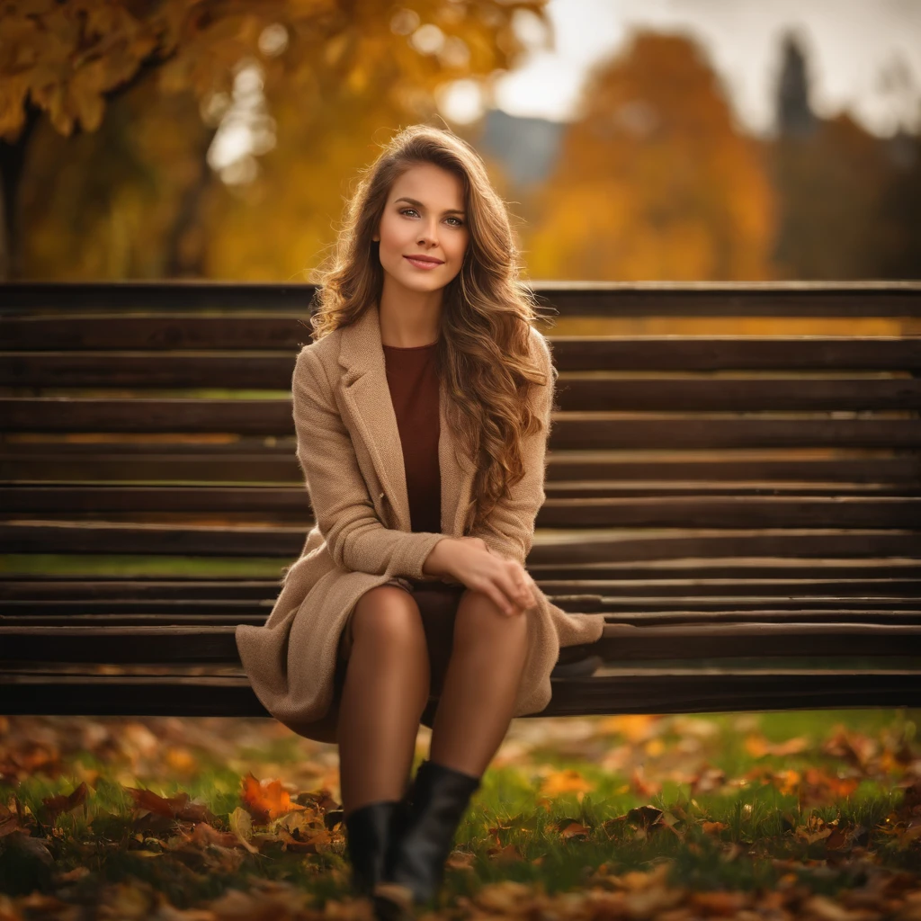 Professional portrait photo of beautiful Norwegian girl in autumn clothes with long wavy brown hair, (( Koketter Blick)), Sommersprossen, beautiful symmetrical face, cute natural makeup, ((Sitting on a bench outside in the park in autumn)), Atemberaubende, moderne, urbane, gehobene Umgebung, ultra realistisch, Konzeptzeichnung, elegant, Highly detailed, kompliziert, Scharfer Fokus, Depth of field, f/1. 8, 85mm, Mittlerer Schuss, Mittlerer Schuss, (Zentrierte Bildkomposition), (Professionell farblich abgestuft), ((helles, weiches, diffuses Licht)), Volumetrischer Nebel, Auf Instagram im Trend, Auf Tumblr im Trend, HDR 4K, 8K
