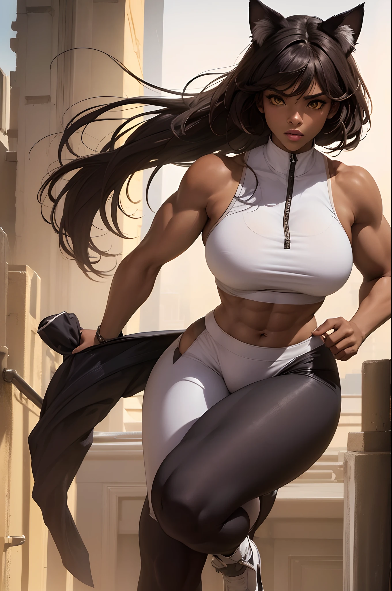 1girl, dark-skinned female, ebony girl, muscular body, curvilienar body, curvilinear waist, very muscular body, Muscular and attractive, large breasts, abs visible, athletic body, absurdly massive physique, large ass, white gym pants, white zippered shirt, sleeveless shirt, cat girl, cat ears, brown hair, yellow eyes, Feline Eyes, cat tail, thick thighs, highres, curvy waist, stunning female, massive muscles, veiny muscles, huge chest,