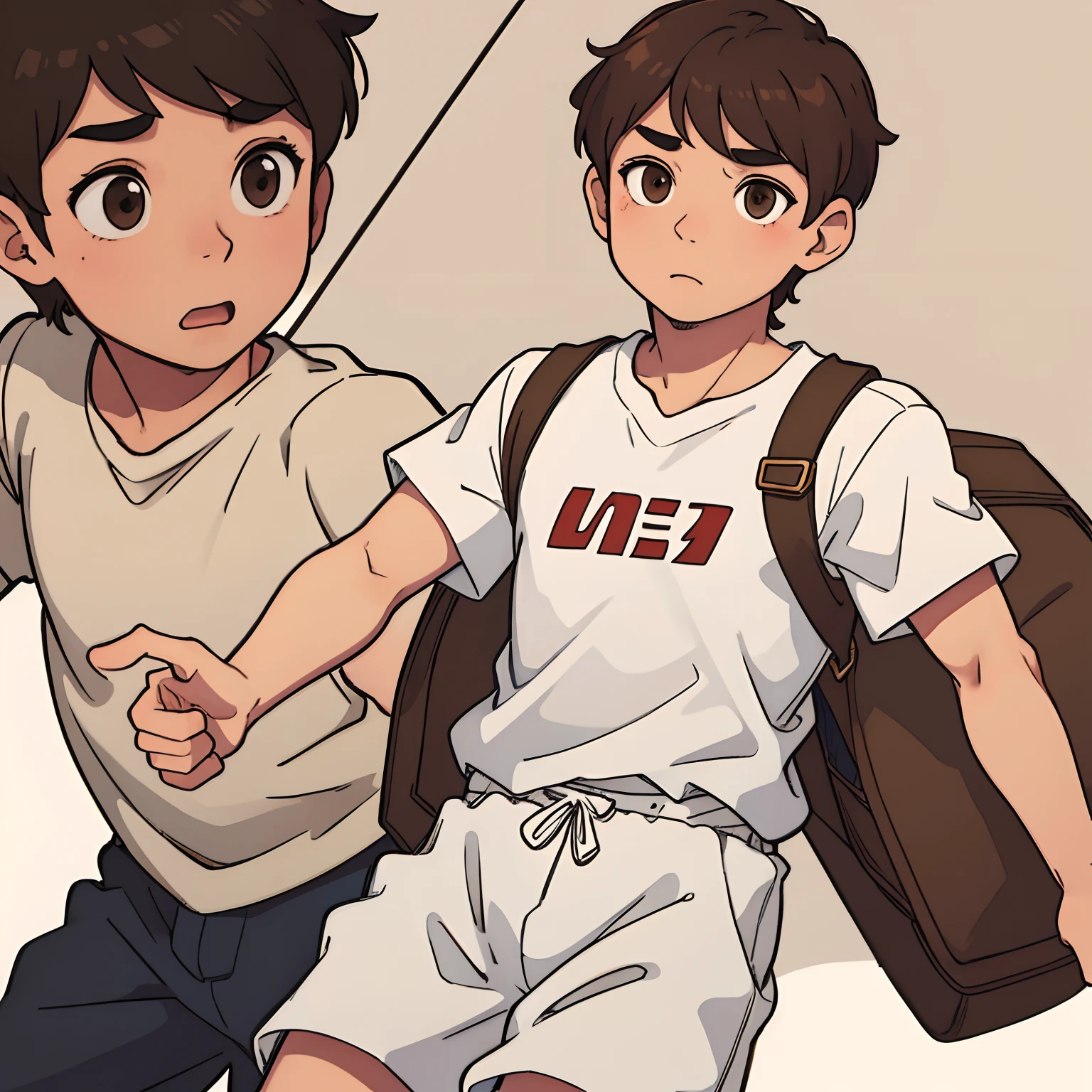 Boy of average height, smooth, brown hair, brown eyes, white skin, round head, neither fat nor thin