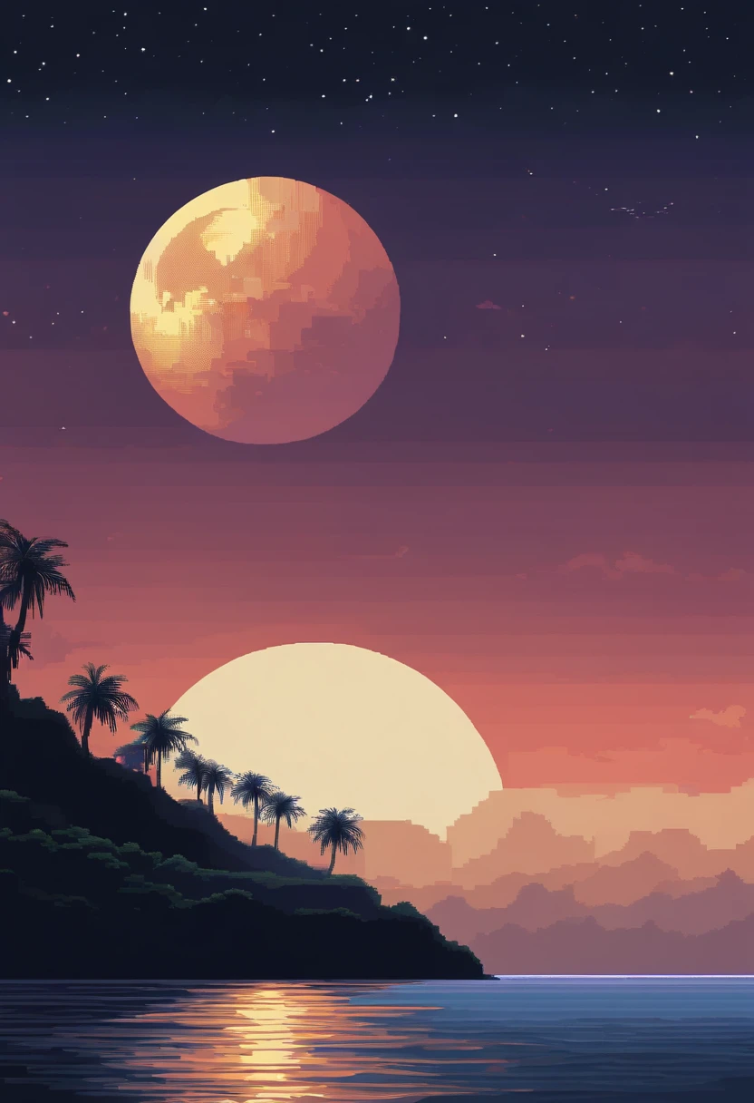 Pixel art of giant moon rising over calm sea, beautiful detailed pixel art, detailed pixel art, Lo-fidel retro video games, Concept Pixel Art, detailed pixel artwork, Pixel art style, pixel town, Pixel Art Animation, High-quality pixel art, Dolphins jump off the surface of the sea, super detailed color lowpoly art, #pixel art:3, # pixel art, #pixel art