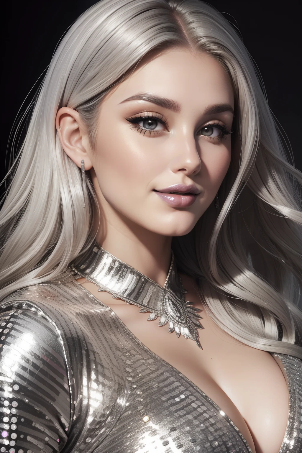 Lucy Pinder, Face portrait, portrait, smiling, ((silver lipstick)), platinum hair, Long hair, wavy hair, short dress, black dress, Sequin dress, ((Voluptuous Woman)), Adele