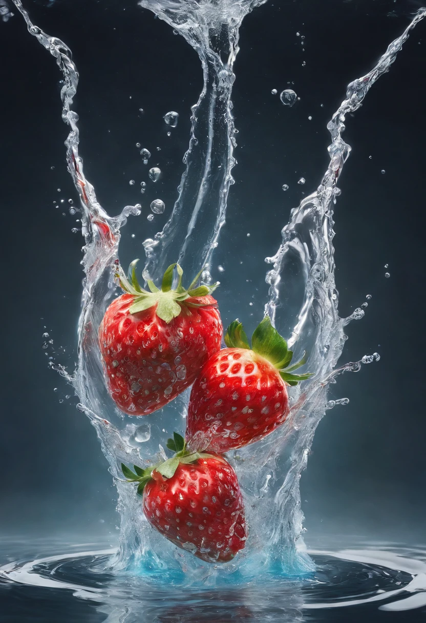 cinematic RAW photo,foto ultra real,Ultra foto realsisim,Digital SLR,soft lighting,Product photo of 5 strawberries falling into the water、Drippy、Splash clear liquid、water bloom,dynamic compositions,(master part) (best quality) (circunstanciado) (Cinematic lighting) (foco nítido) (intrincado), master part, best quality, ultrahigh-resolution, 8K UHD