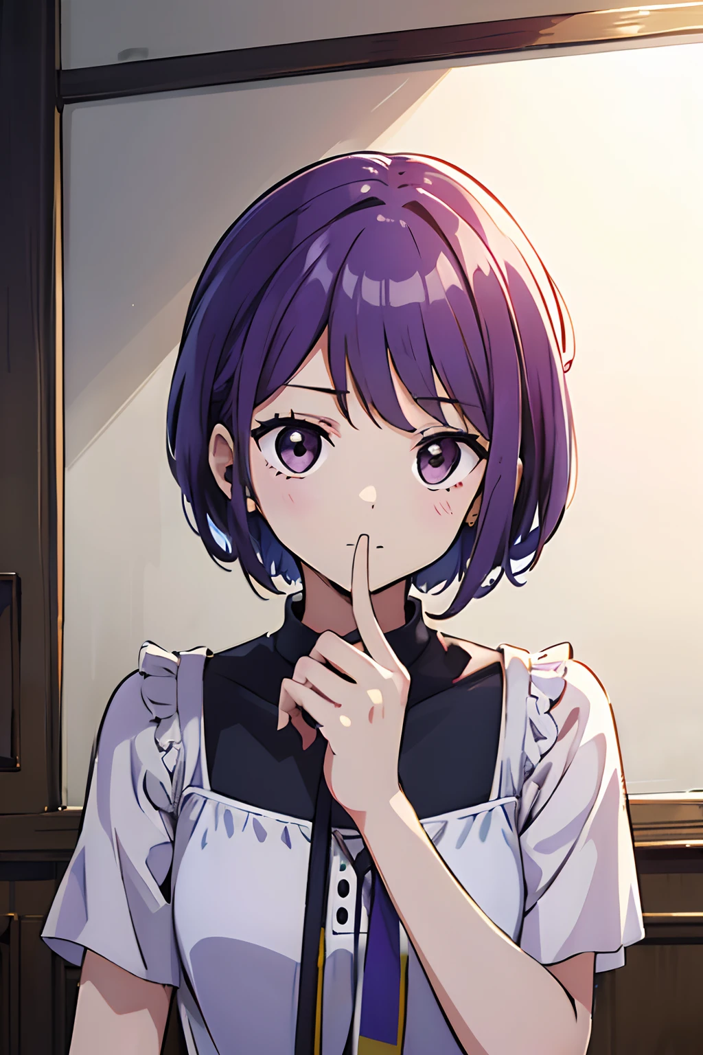 ((tmasterpiece,4k wallpaper,best qualtiy))、((girl with1a person))、(独奏)、Brilliant,(Purple hair)、short-cut、25-years old、