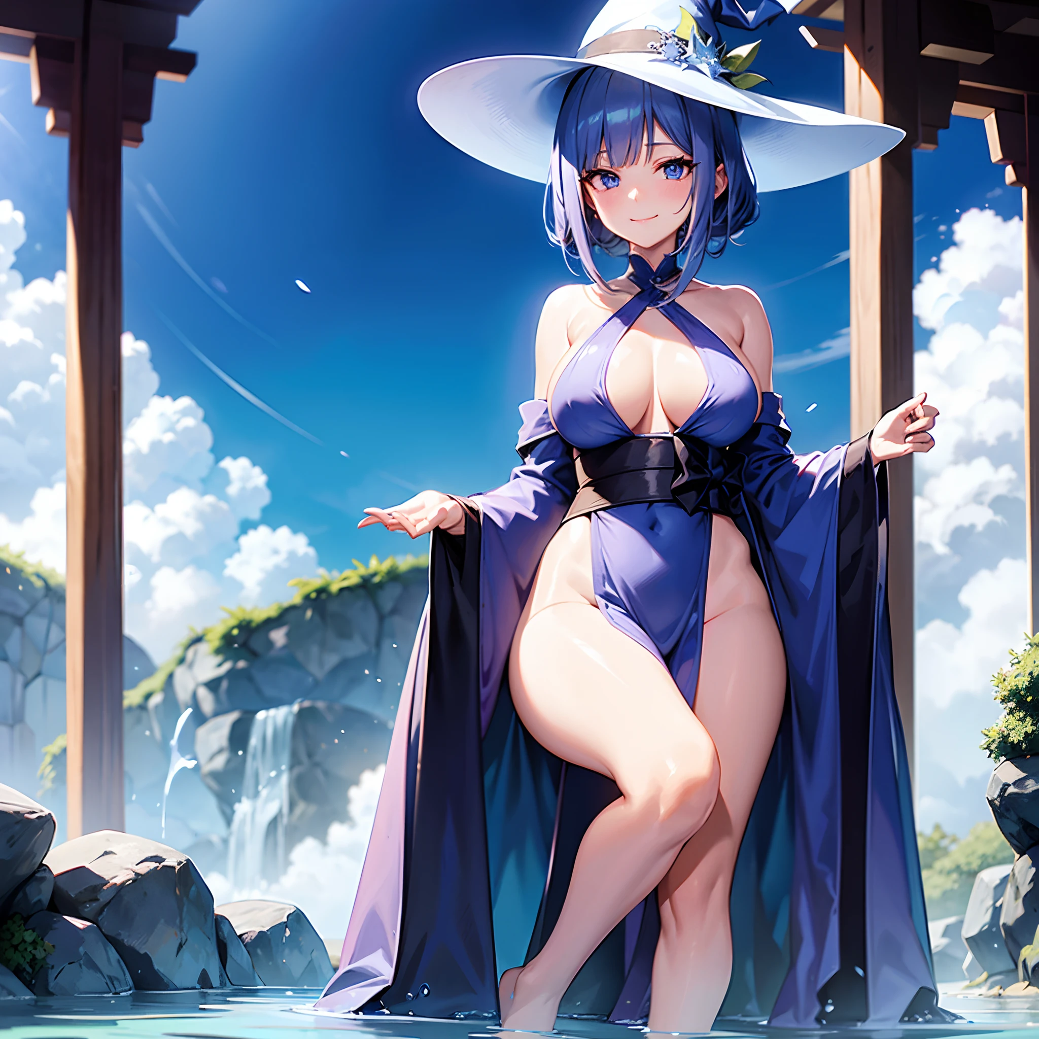 One naked wizard sister in the open-air bath of the Japan、White lob hair with blue-violet mesh、Blue eyes with highlights、Looking at me with a smile、Large witch hat with sapphire accessories、nudde、fullnude、B cup breasts、toppless、bottom less、R-18、Eromanga、Hentai anime、nipple looks,Long Bob Hairstyles