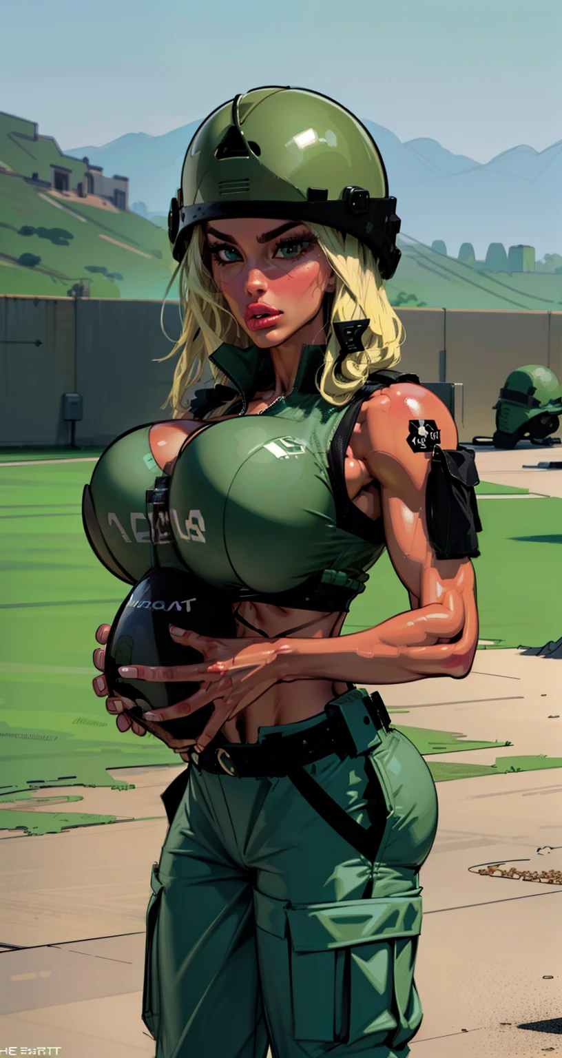 sexy ((soldier1.6))((green combat helmet helmet:1.5)) wearing ((khaki cargo pants:1.4))(perfect face), detailed face, (symmetrical eyes), perfect nose, ((open cargo vest:1.3)), wearing ((black bra on:1.4)) that barely covers the , (gigantic breasts:1.4) ((blonde hair)) analog style posing against a military tank, (backlit)1.2, (film grain)1.2, cinematic movie still frame, low-rise pants (large lips, bimbo style, thepit, perfect eyebrows)