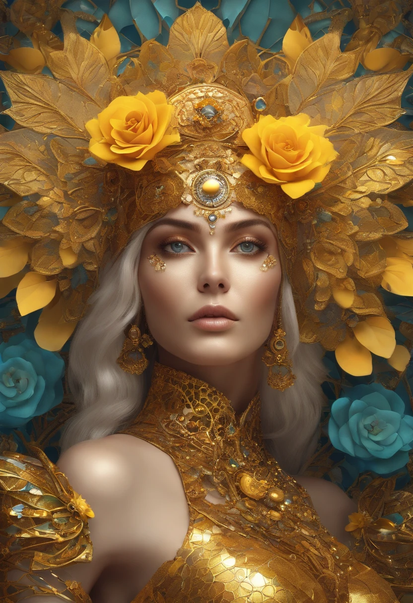 absurderes, A high resolution, Ultra detailed, (1girll:1.3), Fantasy steampunk costumes , Psychedelic, fractal patterns, geometric figure, Dynamic, Bright colors, (Flowers, petals), (Gold and yellow:1),