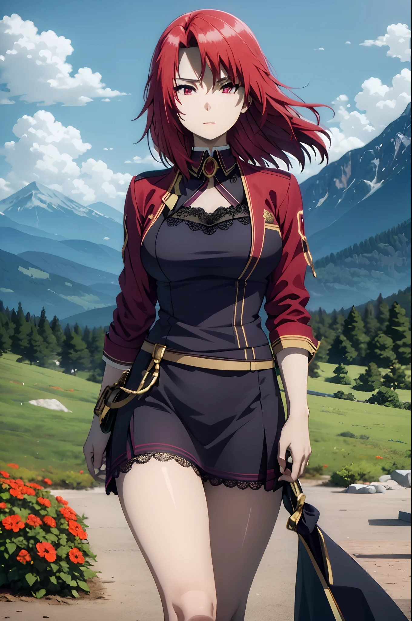 choker,flower,short hair,realistic eyes,smug,sky,mountain,outdoors,cloud,bangs,pink flower,orange shirt,parted lips,lips,lace trim,black choker,mountainous horizon,cloudy sky,standing,holding_flowers,dynamic_angle,looking_at_viewer,evil smile,mksks style,SLE,detailed background,wide_shot,depth of field,full body,bokeh,contour_deepening,strong wind,adjusting_hair,
RED HAIR,RED EYES