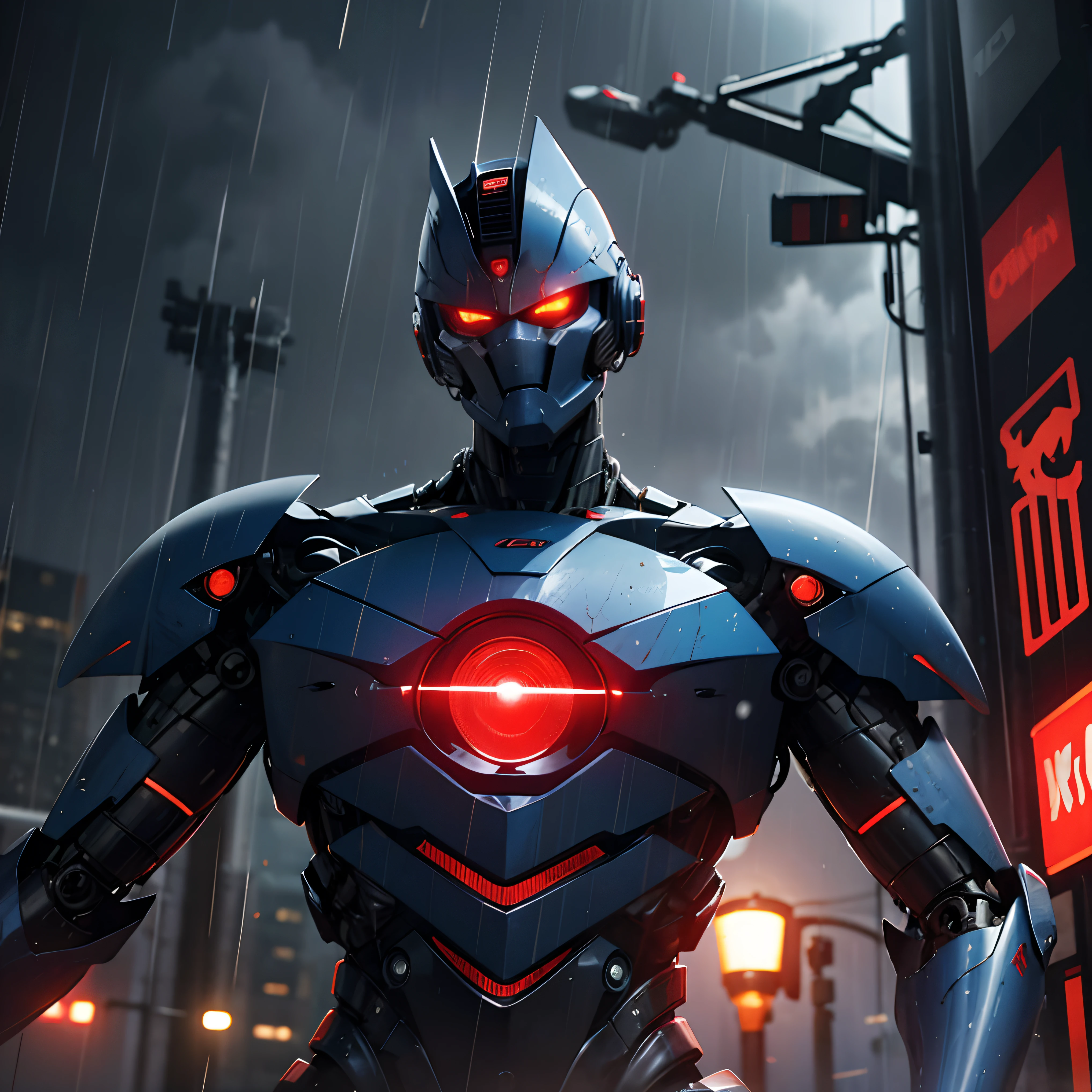 Cobra mecha cyborg, mecha, red light eyes, city, rain, 1cyborg, (upper body:1.2)