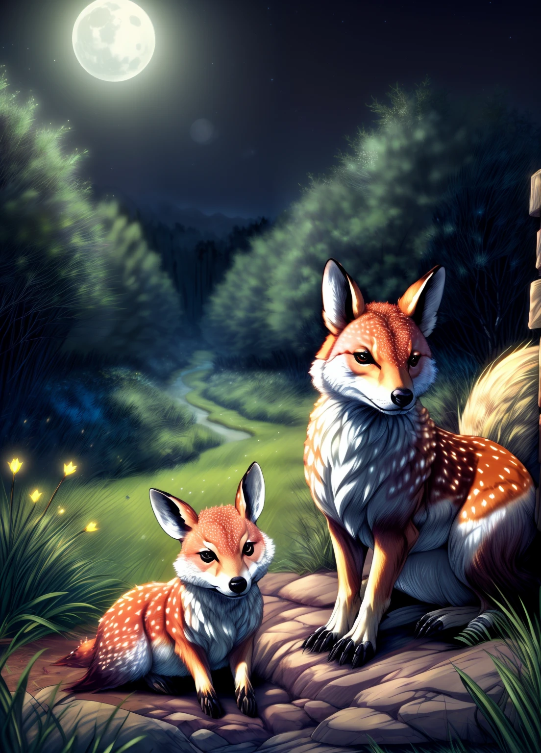 (best quality,4k,8k,highres,masterpiece:1.2),ultra-detailed,(realistic,photorealistic,photo-realistic:1.37),Enchanted forest, illuminated by the soft moonlight,playful foxes,graceful fawns,adorable cubs,wise owls,cute bunnies,prickly hedgehogs gather under the celestial beauty,portraits,landscape,photography,vivid colors,warm tones,soft lighting,peaceful ambiance