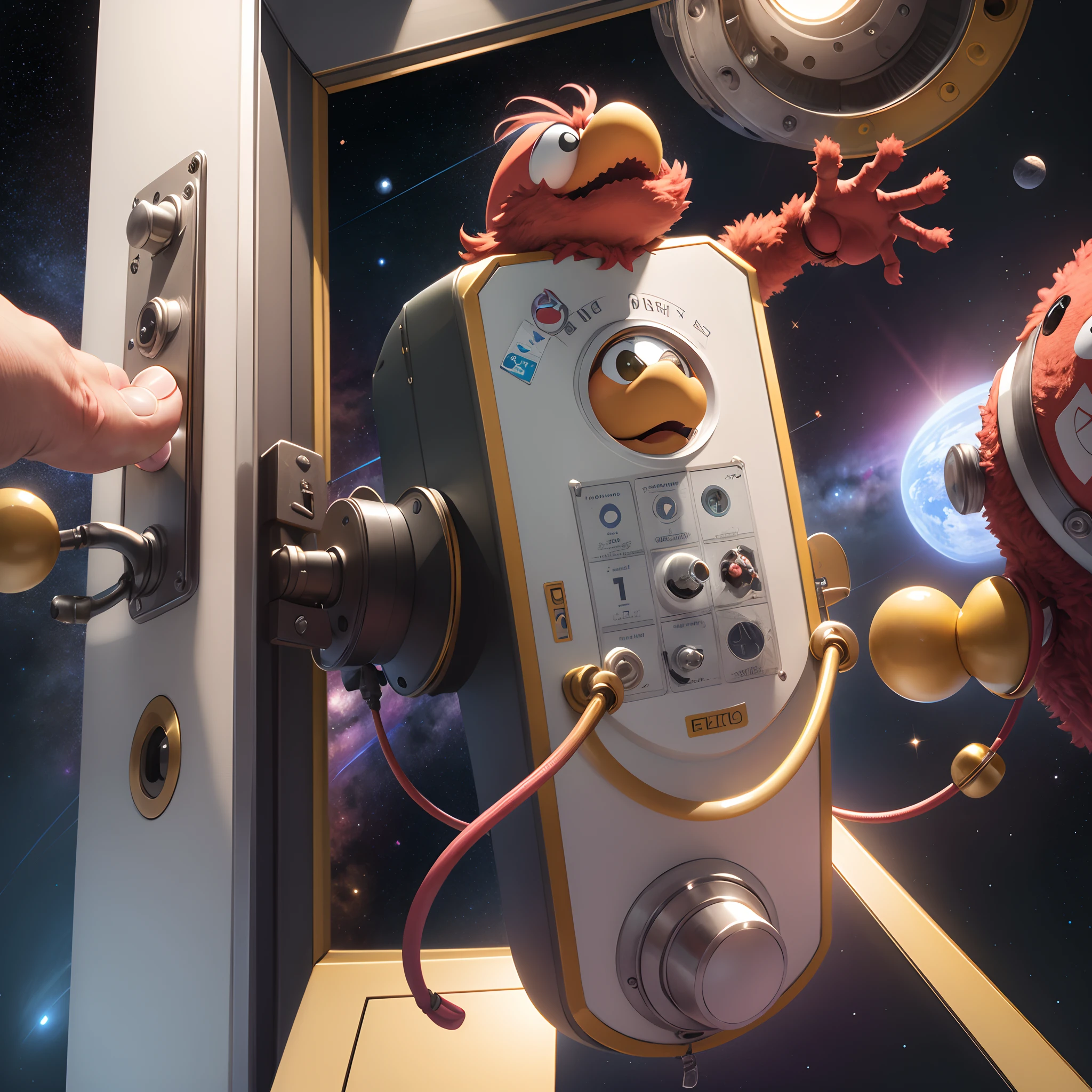 Elmo spreading money in outer space picture taken from a ring doorbell
