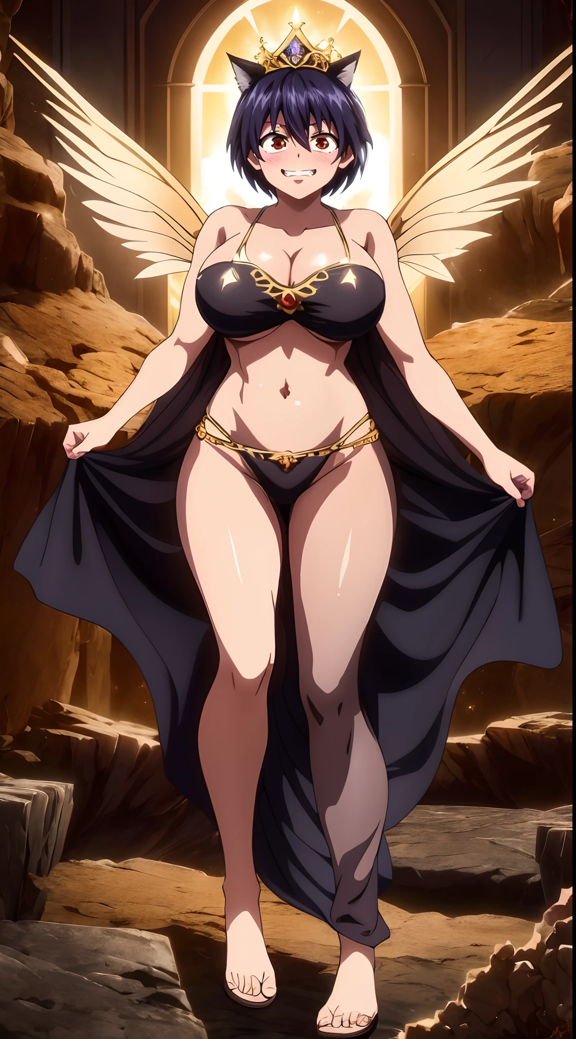 1girl, (masterpiece:1.1), hi-res, 4k chuyun,Dark blue hair,Brown red eyes,red hat,Tight black navel exposed vest,Blue pants, full body, coat, standing, determinated smile,curvy huge breast, muscle girl,female,fantasy goddess,there is a cartoon picture of a woman with a very large breast, glowing angelic being, glowing holy aura, inspired by Luma Rouge, the non-binary deity of spring, ethereal rainbow nimbus, the butterfly goddess of fire, inspired by Marie Angel, glowing aura around her, astral fairy, as the goddess of the sun, “uwu the prismatic person, big breast, happy, beautiful eyes, , full body, walking, long robe, long dre, catgirlss,, priestess ,holy, smile, long dress, brown hair, female,red eyes, black robe with stars symbolism, full body, flipflops,(best quality,4k,8k,highres,masterpiece:1.2),ultra-detailed,(:1.37),black robe with blue stars simbolism, girl with queen crown,beautiful detailed eyes,beautiful detailed lips,extremely detailed eyes and face,longeyelashes,golden crown adorned with diamonds,glowing blue stars on the robe,glittering pearls entwined in hair,royal purple backdrop,sparkling tiara,rich textures and fabrics,regal posture,confident expression,majestic aura,ethereal lighting,hauntingly beautiful atmosphere,elegant and magical,enchanted garden in the background,floating golden particles,subtle reflections on the crown,sublime tranquility,depth and mystery,sophisticated and regal,impeccable attention to detail,captivating and enchanting,ethereal and divine,fantasy-inspired artwork,dreamlike and surreal,celestial beauty and elegance,dark and mysterious,royal and majestic vibes,meticulous craftsmanship,vivid colors,whimsical and otherworldly., pants,sharpteeth ,black hair, cat ears, full body, smile, darkskinned-female, black hair, pants, caucasiene facial features, dark hair, pants , full dress,, smile, bikini