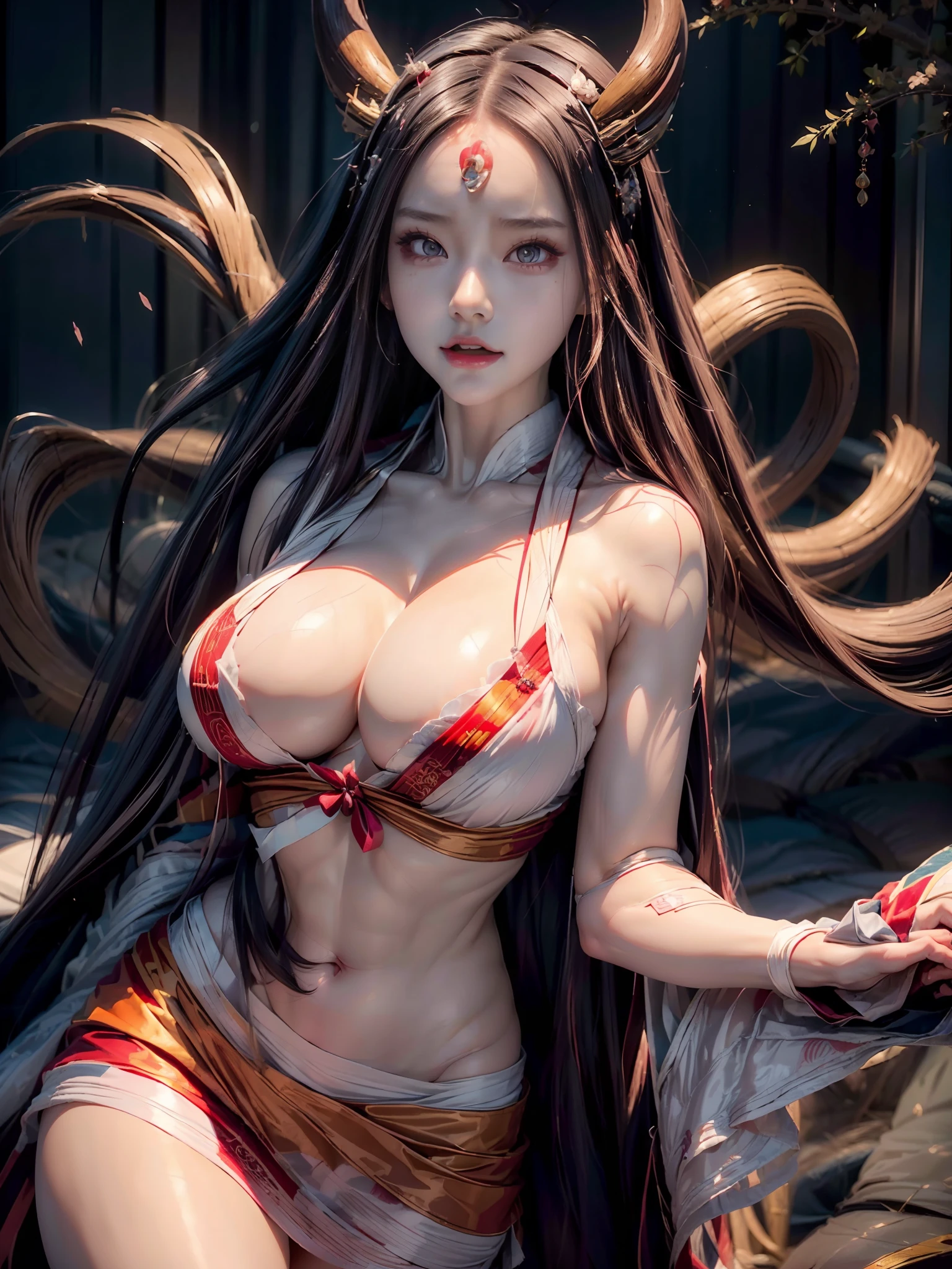 (ultra realistic photo of Nezuko kamado goddess of beauty, bright pink eyes, angry expression with anger, hatred, she has a horn, 8k, UHD, hot girl with ultra giant breasts, huge long breasts sticking out of her kimono, erotic, with hair long black ones with orange tips, sexy pink Japanese kimono, thong stuck in her , pubic hair showing), perfect curved body, Nezuko with a piece of bamboo stuck in her ass, (Nezuko, Nezuko-chan, Art style of Demon Slayer, kimetsu no yaiba), Sexy female anime character, (Nezuko, in her demon form, Huge breasts, giant long breasts sticking out of her clothes, her breasts stick out of her kimono, showing her beautiful pointy breasts), ( The length of her ultra-giant breasts goes down to her toned belly, she has leaf tattoos running down her sexy erotic body), Demon Slayer rui fanart, wielding kunai, Marin Kitagawa Fanart, clean and detailed anime art, a very beautiful berserker woman, by Kamagurka, professional art, perfect detail, (Nezuko Kamado in her demonic form showing her giant and hairy , based on the Demon Slayer kimetsu no yaiba), professional photo taken up close, juicy, succubus, naughty, showing