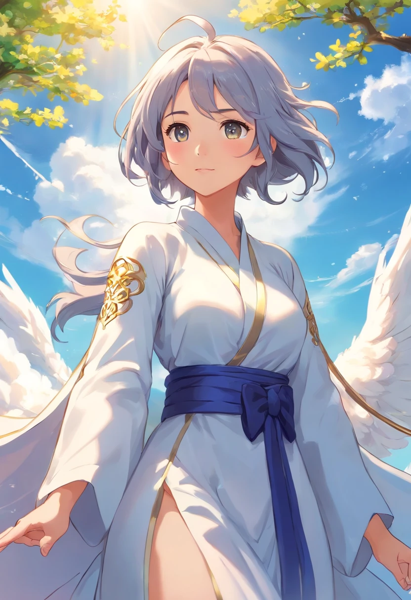 Close-up de uma em um vestido branco, deus de cabelos brancos, manto branco fluindo,flowing magical robe, nove caudas, wearing a long flowing robe,orelhas de raposa,fox demon,altamente detalhado,((tmasterpiece)),(massa),intrincado,pintura da igreja,(((1个Giant Breast Girl))))moldura,genial,Estepe requintado,mulher feiticeira,Shepherds have gray hair,(Nice face),Rosto bonito e detalhado,meninamamente delicada e bonita,Under a big tree,sunny clear sky,ventania,beautiful sky,nuvem cumulus