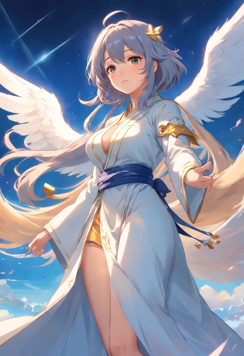 Close-up de uma menina em um vestido branco, deus de cabelos brancos,  manto branco fluindo,flowing magical robe, nove caudas, wearing a long flowing robe，orelhas de raposa，fox demon，altamente detalhado，（（tmasterpiece）），（massa），intrincado，pintura da igreja，（（（1个Giant Breast Girl））））moldura，genial，Estepe requintado，mulher feiticeira，Shepherds have gray hair，（Nice face），Rosto bonito e detalhado，menina extremamente delicada e bonita，Under a big tree，sunny clear sky，ventania，beautiful sky，nuvem cumulus
