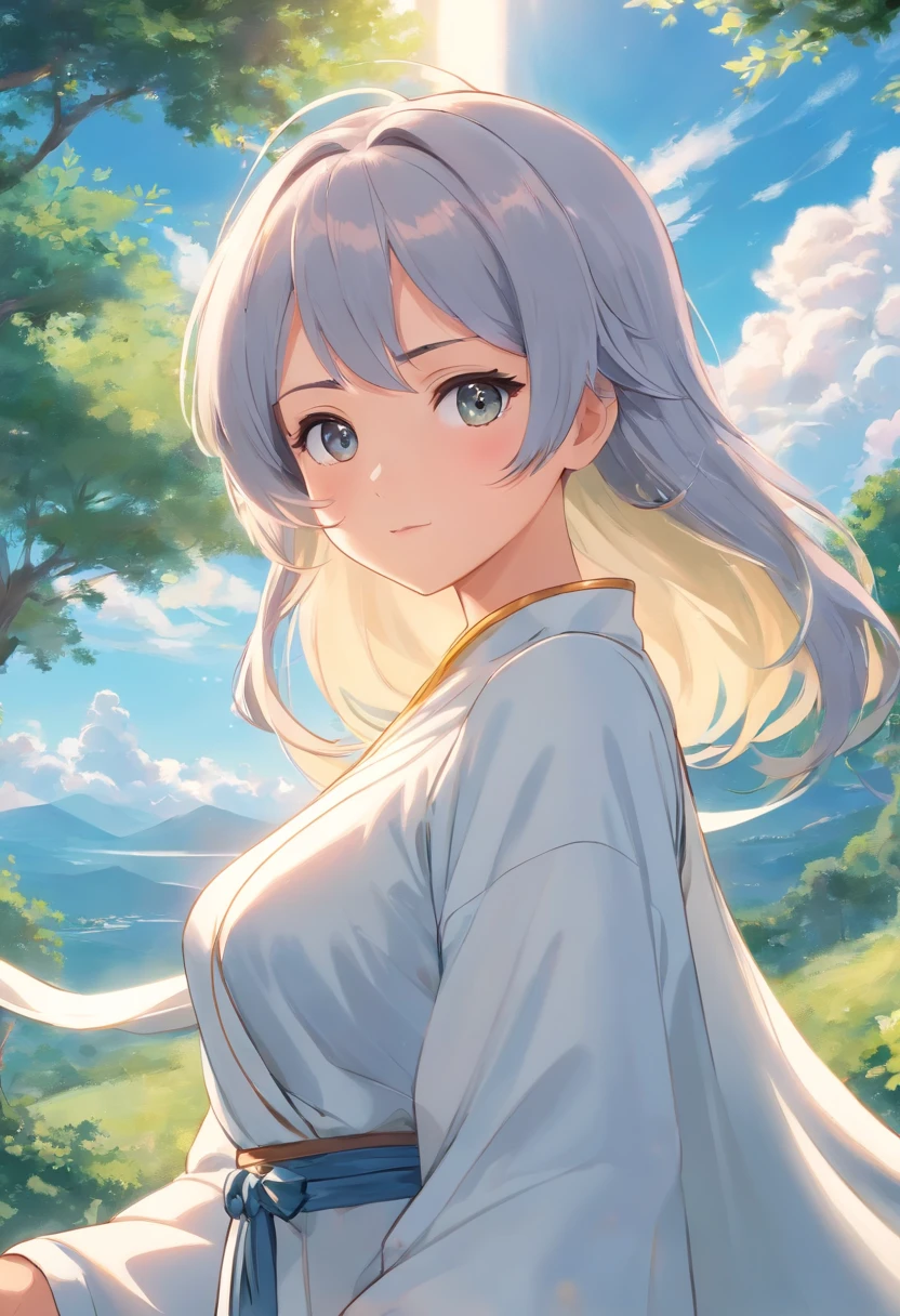 Close-up de uma menina em um vestido branco, deus de cabelos brancos,  manto branco fluindo,flowing magical robe, nove caudas, wearing a long flowing robe，orelhas de raposa，fox demon，altamente detalhado，（（tmasterpiece）），（massa），intrincado，pintura da igreja，（（（1个Giant Breast Girl））））moldura，genial，Estepe requintado，mulher feiticeira，Shepherds have gray hair，（Nice face），Rosto bonito e detalhado，menina extremamente delicada e bonita，Under a big tree，sunny clear sky，ventania，beautiful sky，nuvem cumulus