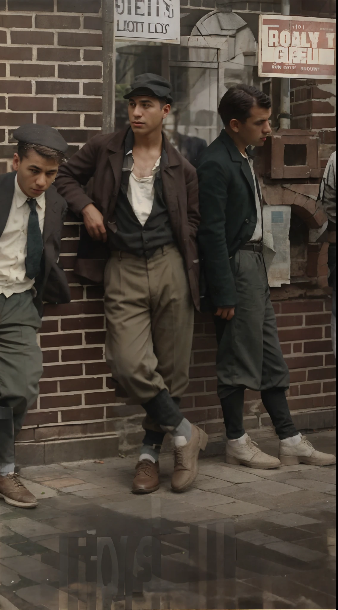 arafed group of men standing in front of a brick building, street gang, lower class, 1910s, 1 9 1 0 s, 1 9 1 0 s Massachusetts, 1 9 1 0 s style, early 1 9 0 0's, color photography