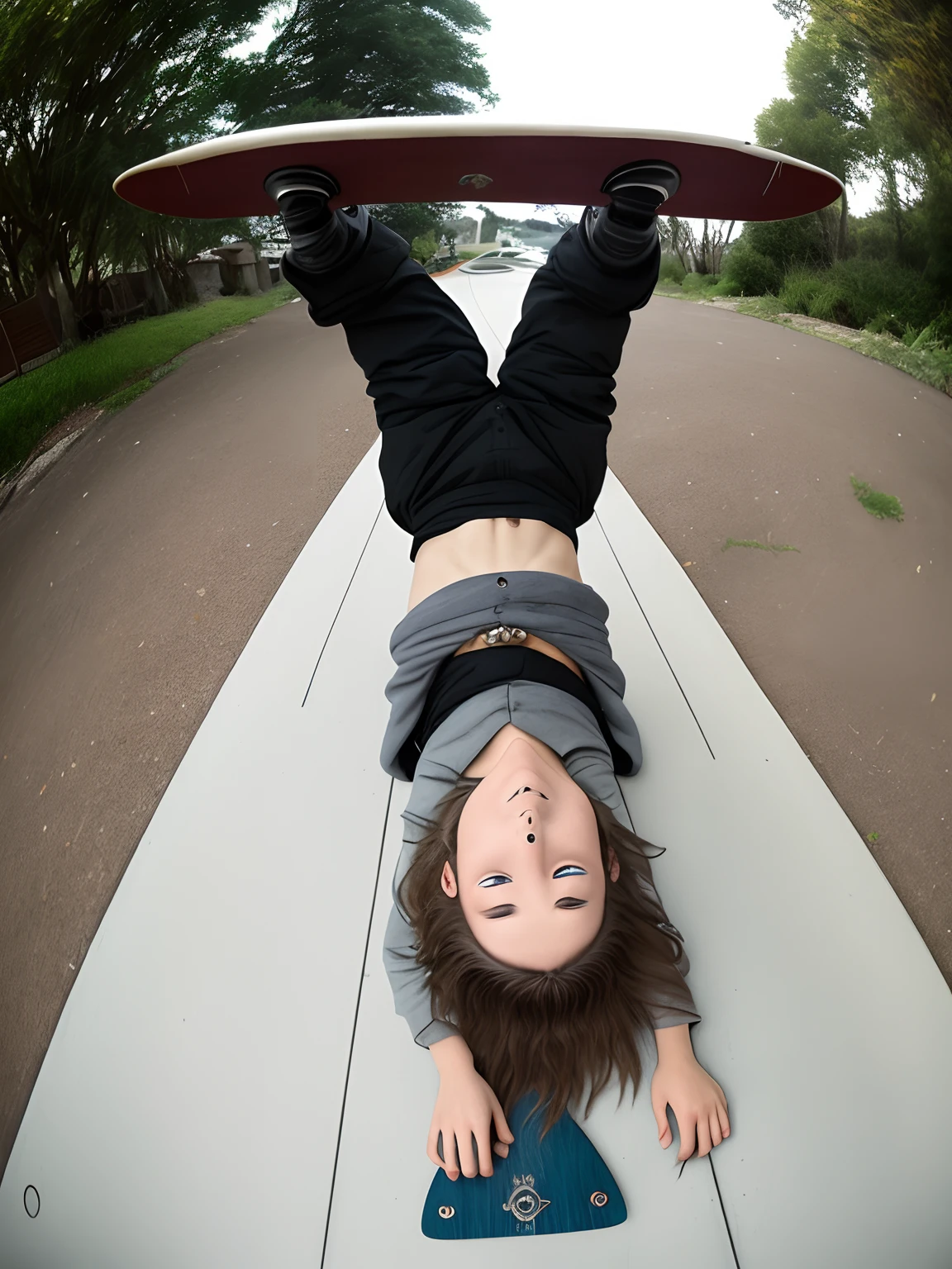 Gandalf doing an upsidedown hand plant on a old school skateboard fish eye lense