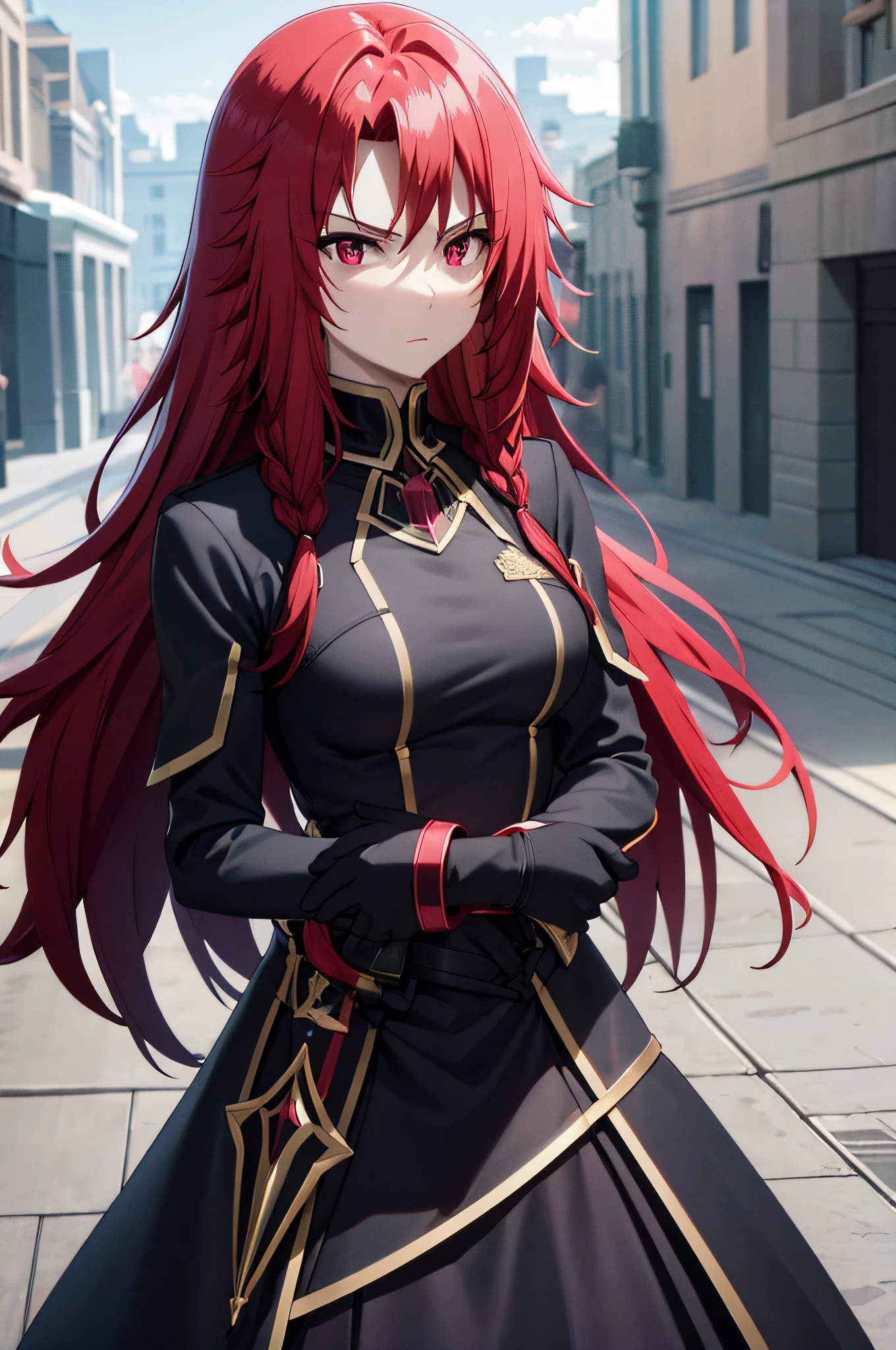 balck armor, glowing pink, long hair, sword, glowing sword, masterpiece, best quality, upper body, portrait,RED HAIR,RED EYES