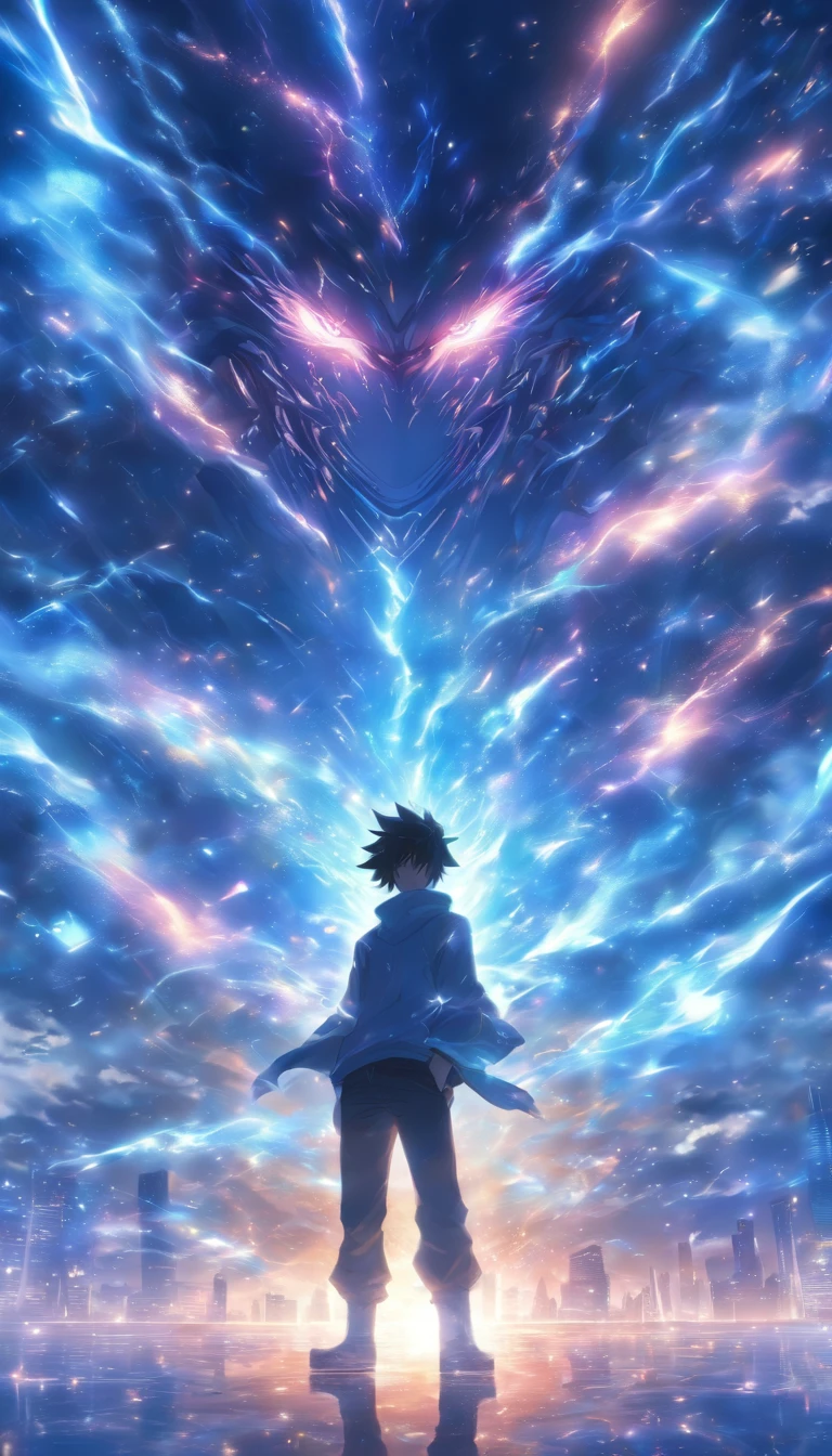/imagine prompt: A young man, facing a massive black algorithm model with a mysterious glow and immense power, ,32k, best quality, masterpiece, super detail, high details, by Makoto Shinkai ,in the style of the stars art group xing xing, --niji 5"