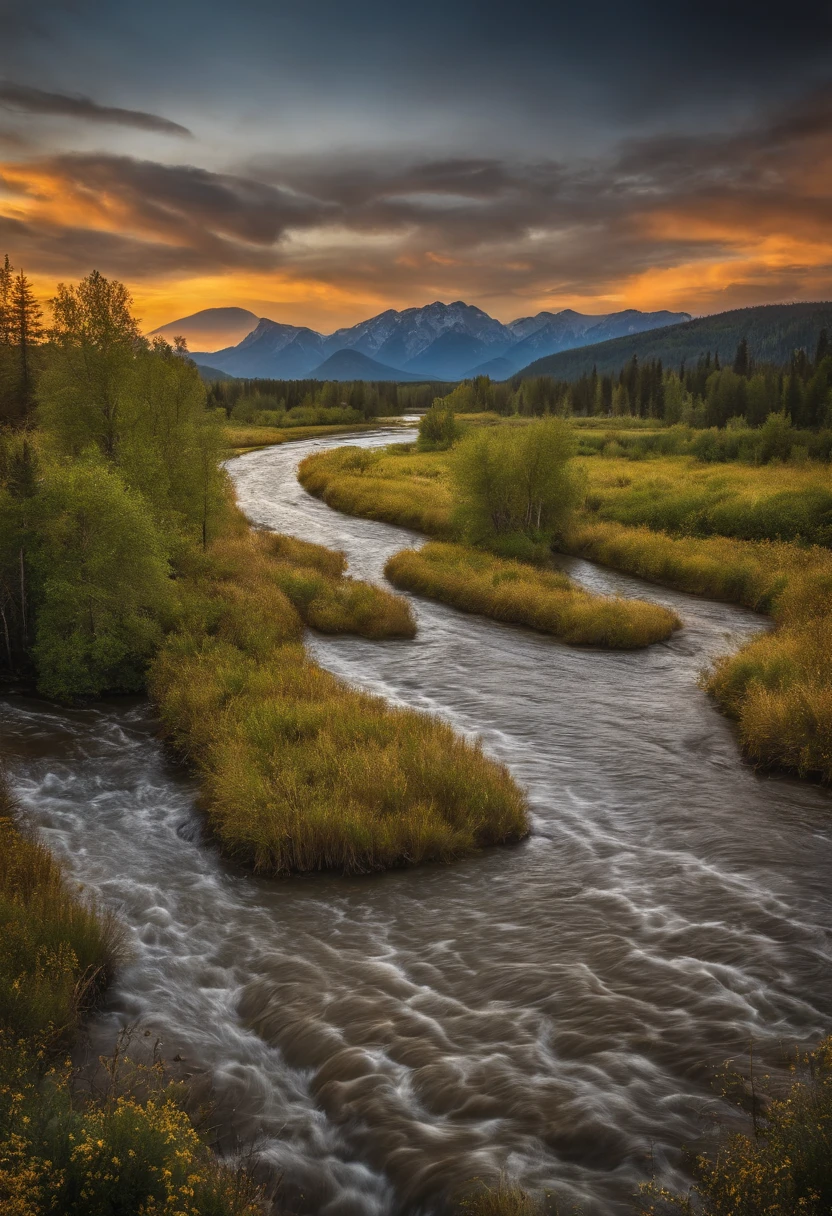 An image of a majestic braided river with a beaver dam complex, Waterfowl flying overhead, award winning photography, Detailed, HDR
