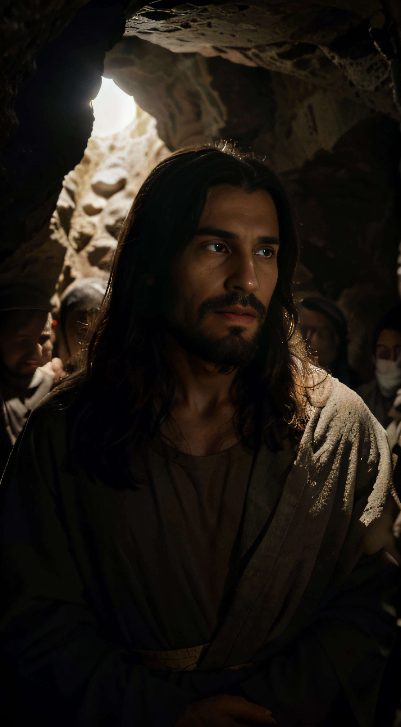 Jesus Christ compassionate, solemn, and powerful,Lazarus wrapped in burial cloths but with an expression of astonishment and gratitude. Disciples and Bystanders: Place the scene in a rocky, cave-like tomb, symbolizing the grave. Use soft, divine lighting to illuminate Jesus and Lazarus, creating a heavenly atmosphere. Jesus christ raising Lazarus from the dead