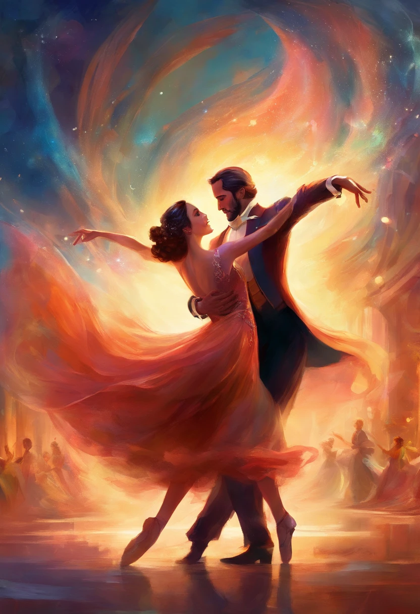 Pair of dancers, tango, joyful gentleman, elegant Pixar style Free space Audience and children,